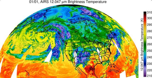 Since the start of 2023 California has been drenched by a series of storms being transported by an atmospheric river – a relatively narrow, windy region in Earth's atmosphere that can transport moisture or tiny particles for thousands of miles, much like a river on land moves water. NASA's Atmospheric Infrared Sounder (AIRS) captured the series of storms as they dumped record amounts of rain in some parts of California, caused flooding, and damaged infrastructure. Forecasts say this pattern of storms will continue through the week of Jan. 9.  The images show cloud temperatures taken at infrared wavelengths not visible to the human eye. Purple and violet areas are colder, between about minus 82 degrees Fahrenheit and minus 46 degrees Fahrenheit (minus 63 degrees Celsius to minus 44 degrees Celsius), than blue and green regions which are roughly minus 28 degrees Fahrenheit to 26 degrees Fahrenheit (minus 33 degrees Celsius to minus 3 degrees Celsius). Warmer red sections are between roughly 62 degrees Fahrenheit and 80 degrees Fahrenheit (17 degrees Celsius to 27 degrees Celsius), representing mostly cloud-free air. The cooler parts of the clouds are associated with very heavy rainfall. White patches represent gaps in satellite coverage.  Located aboard the Aqua satellite AIRS, in conjunction with the Advanced Microwave Sounding Unit (AMSU), senses emitted infrared and microwave radiation from Earth to provide a 3D look at the planet's weather and climate. Working in tandem, the two instruments make simultaneous observations down to Earth's surface. With more than 2,000 channels sensing different regions of the atmosphere, the system creates a global, 3D map of atmospheric temperature and humidity, cloud amounts and heights, greenhouse gas concentrations, and many other atmospheric phenomena. Launched into Earth orbit in 2002 aboard NASA's Aqua spacecraft, the AIRS and AMSU instruments are managed by NASA's Jet Propulsion Laboratory in Southern California, under contract to NASA. JPL is a division of Caltech.  Animation available at https://photojournal.jpl.nasa.gov/catalog/PIA25597