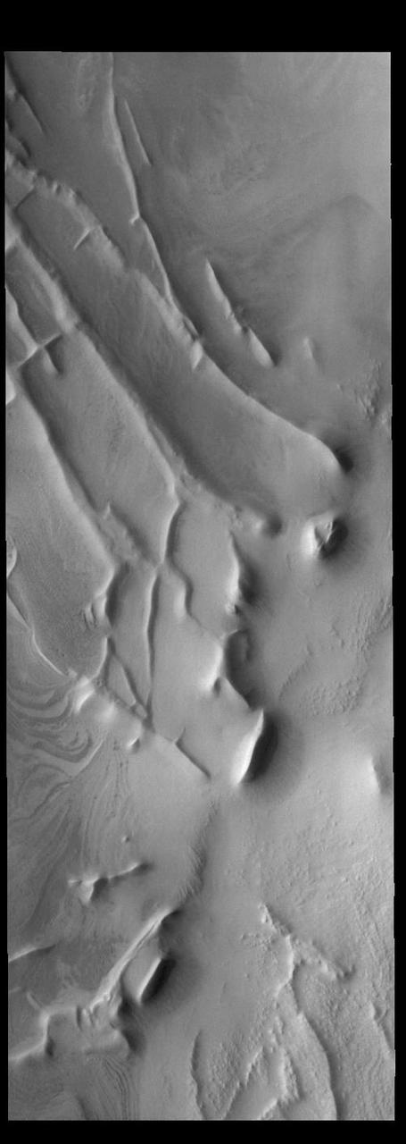 Today's VIS image shows part of Angustus Labyrinthus. Angustus Labyrinthus is a unique region near the south polar cap. In this image squares formed by intersecting ridges are visible. The feature earned the informal name of the Inca City when it was discovered in Mariner 9 images in 1972.The linear ridges are believed to have formed by volcanic and tectonic forces, where magma filled fractures in the subsurface and then erosion revealed the magmatic material. Orbit Number: 91820 Latitude: -81.2727 Longitude: 293.879 Instrument: VIS Captured: 2022-08-26 17:55 https://photojournal.jpl.nasa.gov/catalog/PIA25647