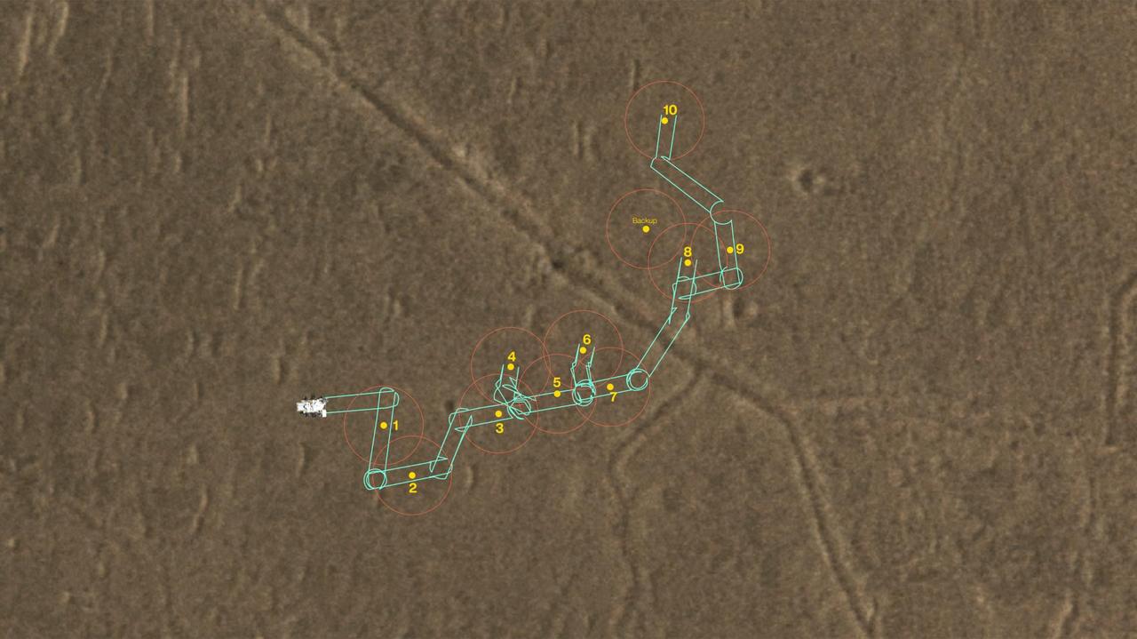 This map shows where NASA's Perseverance Mars rover will be dropping 10 samples that a future mission could pick up. The orange circles represent areas where a Sample Recovery Helicopter could safely operate to acquire the sample tubes.  A key objective for Perseverance's mission on Mars is astrobiology, including the search for signs of ancient microbial life. The rover will characterize the planet's geology and past climate, pave the way for human exploration of the Red Planet, and be the first mission to collect and cache Martian rock and regolith (broken rock and dust).  Subsequent NASA missions, in cooperation with ESA (European Space Agency), would send spacecraft to Mars to collect these sealed samples from the surface and return them to Earth for in-depth analysis.  The Mars 2020 Perseverance mission is part of NASA's Moon to Mars exploration approach, which includes Artemis missions to the Moon that will help prepare for human exploration of the Red Planet.  https://photojournal.jpl.nasa.gov/catalog/PIA25678