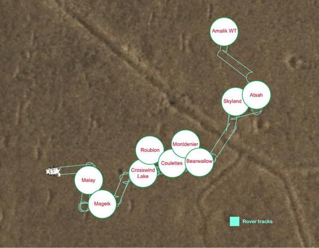 This map shows where NASA's Perseverance Mars dropped each of its 10 samples so that a future mission could pick them up from a sample depot the rover created at a location dubbed "Three Forks" in Jezero Crater. The center of each circle is the location where that sample was deployed, and the red text within that circle indicates the name of the sample as designated by Perseverance's science team.  The tubes were deposited on the surface in an intricate zigzag pattern, with each sample about 15 to 50 feet (5 to 15 meters) apart from one another to ensure they could be safely recovered. The Perseverance team precisely mapped the location of each 7-inch-long (18.6-centimeter-long) tube and glove (adapter) combination so that the samples could be found even if covered with dust. The depot is on flat ground near the base of the raised, fan-shaped ancient river delta that formed long ago when a river flowed into a lake there.  The first sample in the depot was dropped Dec. 21, 2022, the 653rd day, or sol, of the mission; the final sample was deposited Jan. 28, 2023, the 690th day of the mission.  The Three Forks depot, the first sample depot on another world, is a crucial milestone in the NASA-ESA (European Space Agency) Mars Sample Return campaign, which aims to bring Mars samples to Earth for closer study. The Perseverance rover will be the primary means to convey the collected samples to a future robotic lander as part of the campaign. The lander would, in turn, use a robotic arm to place the samples in a containment capsule aboard a small rocket that would blast off to Mars orbit, where another spacecraft would capture the sample container and return it safely to Earth. Hosting the duplicate set, the Three Forks depot will serve as a backup if Perseverance can't deliver its samples.  A key objective for Perseverance's mission on Mars is astrobiology, including the search for signs of ancient microbial life. The rover will characterize the planet's geology and past climate, pave the way for human exploration of the Red Planet, and be the first mission to collect and cache Martian rock and regolith (broken rock and dust).  Subsequent NASA missions, in cooperation with ESA (European Space Agency), would send spacecraft to Mars to collect these sealed samples from the surface and return them to Earth for in-depth analysis.  The Mars 2020 Perseverance mission is part of NASA's Moon to Mars exploration approach, which includes Artemis missions to the Moon that will help prepare for human exploration of the Red Planet.  https://photojournal.jpl.nasa.gov/catalog/PIA25682