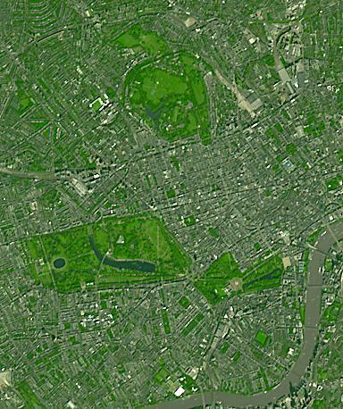 Three of London's many parks are found north of the Thames River. Regent's Park, at the top of the image, was originally a royal hunting ground; now it includes the London Zoo. Hyde Park, in the middle-left of the image, is the largest of the four royal parks, and was established by Henry VIII in 1536; it opened to the public in 1637. Buckingham Palace Garden, at the lower-right of the image, is the largest private garden in London. Today's garden was designed in 1825 under the reign of George IV. Summer garden parties see over 20,000 guests welcomed into the royal garden each summer. The image was acquired September 8, 2021. Covers an area of 5.8 by 6.9 km, and is located at 0.2 degrees west, 51.5 degrees north.  https://photojournal.jpl.nasa.gov/catalog/PIA25706