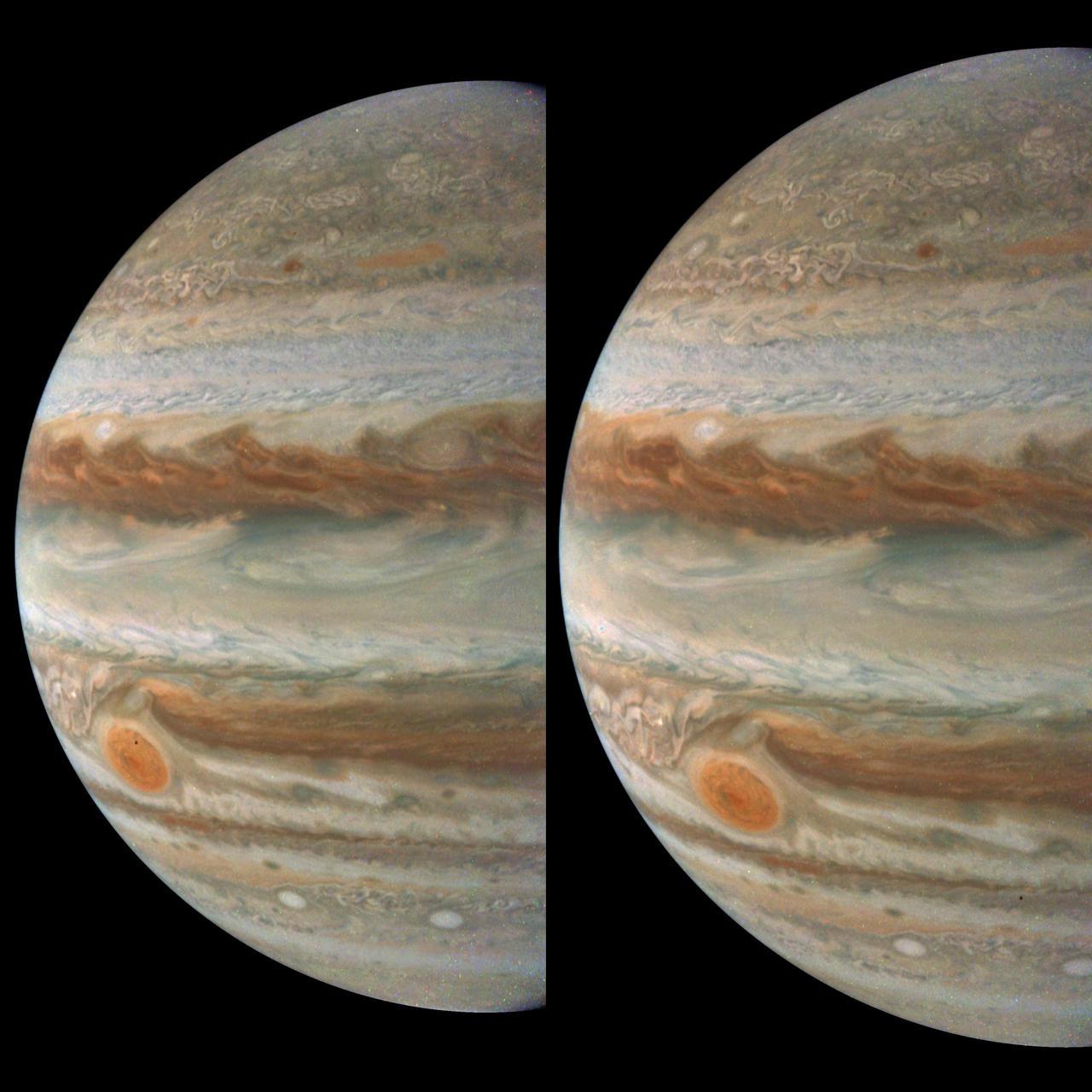 NASA's Juno mission captured these views of Jupiter during its 59th close flyby of the giant planet on March 7, 2024. They provide a good look at Jupiter's colorful belts and swirling storms, including the Great Red Spot. Close examination reveals something more: two glimpses of the tiny moon Amalthea.  With a radius of just 52 miles (84 kilometers), Amalthea has a potato-like shape, lacking the mass to pull itself into a sphere. In 2000, NASA's Galileo spacecraft revealed some surface features, including impact craters, hills, and valleys. Amalthea circles Jupiter inside Io's orbit, which is the innermost of the planet's four largest moons, taking 0.498 Earth days to complete one orbit.  Amalthea is the reddest object in the solar system, and observations indicate it gives out more heat than it receives from the Sun. This may be because, as it orbits within Jupiter's powerful magnetic field, electric currents are induced in the moon's core. Alternatively, the heat could be from tidal stresses caused by Jupiter's gravity.  At the time that the first of these two images was taken, the Juno spacecraft was about 165,000 miles (265,000 kilometers) above Jupiter's cloud tops, at a latitude of about 5 degrees north of the equator.  Citizen scientist Gerald Eichstädt made these images using raw data from the JunoCam instrument, applying processing techniques to enhance the clarity of the images.  https://photojournal.jpl.nasa.gov/catalog/PIA25728