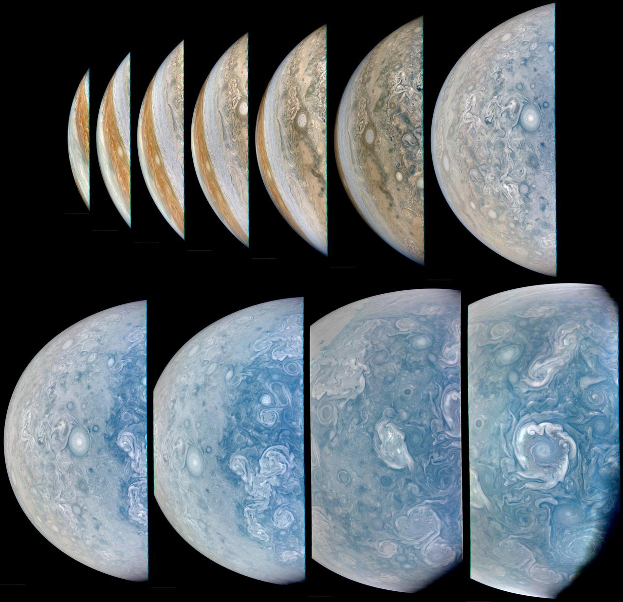 During its 65th close flyby of Jupiter on Sept. 20, 2024, NASA's Juno spacecraft captured this series of images as it approached the giant planet and swung low over its north polar region.  Juno's recent orbits have provided exceptionally clear views of Jupiter's circumpolar cyclones. At closest approach in this series of images, the Juno spacecraft was about 6,800 miles (11,000 kilometers) above the cloud tops, at a latitude of 82 degrees north of the equator.  Citizen scientist Brian Swift made this image using raw data from the JunoCam instrument, applying digital processing techniques to enhance color and clarity.  https://photojournal.jpl.nasa.gov/catalog/PIA25730