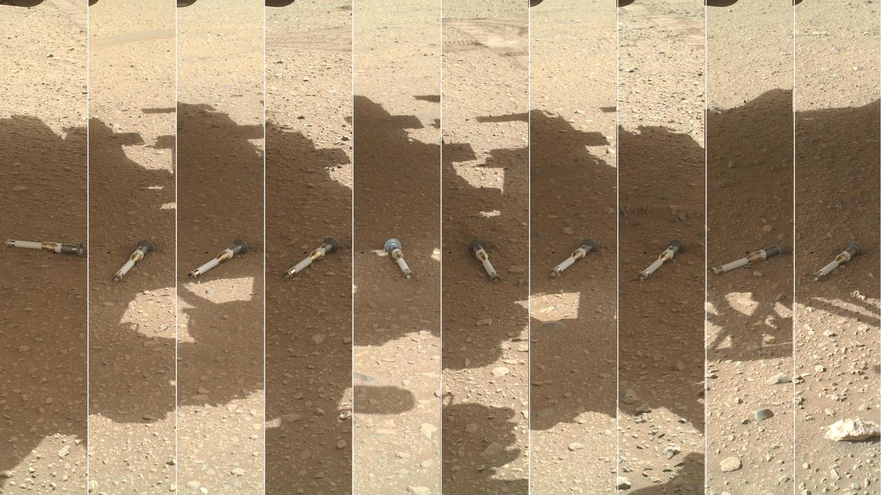 This photomontage shows each of the sample tubes shortly after they were deposited onto the surface by NASA's Perseverance Mars rover, as viewed by the WATSON (Wide Angle Topographic Sensor for Operations and eNgineering) camera on the end of the rover's 7-foot-long (2-meter-long) robotic arm.  Shown, from left, are "Malay," "Mageik," "Crosswind Lake," "Roubion," "Coulettes," "Montdenier," "Bearwallow," "Skyland," "Atsah," and "Amalik." Deposited from Dec. 21, 2022, to Jan. 28, 2023, these samples make up the sample depot Perseverance built at "Three Forks," a location within Mars' Jezero Crater.  Perseverance's sample depot is a collection of 10 sample tubes left on the Martian surface in a zig-zag pattern. These tubes represent a backup collection of rock cores and regolith (broken rock and dust) that could be recovered in the future by the NASA-ESA (European Space Agency) Mars Sample Return campaign, which aims to bring Mars samples to Earth for closer study. Perseverance will be collecting more samples on its journey that will be considered the primary samples for return, but the mission team wants to make sure backups are available in case anything happens to the rover.  A key objective for Perseverance's mission on Mars is astrobiology, including the search for signs of ancient microbial life. The rover will characterize the planet's geology and past climate, pave the way for human exploration of the Red Planet, and be the first mission to collect and cache Martian rock and regolith (broken rock and dust).  Subsequent NASA missions, in cooperation with ESA (European Space Agency), would send spacecraft to Mars to collect these sealed samples from the surface and return them to Earth for in-depth analysis.  The Mars 2020 Perseverance mission is part of NASA's Moon to Mars exploration approach, which includes Artemis missions to the Moon that will help prepare for human exploration of the Red Planet.  https://photojournal.jpl.nasa.gov/catalog/PIA25738