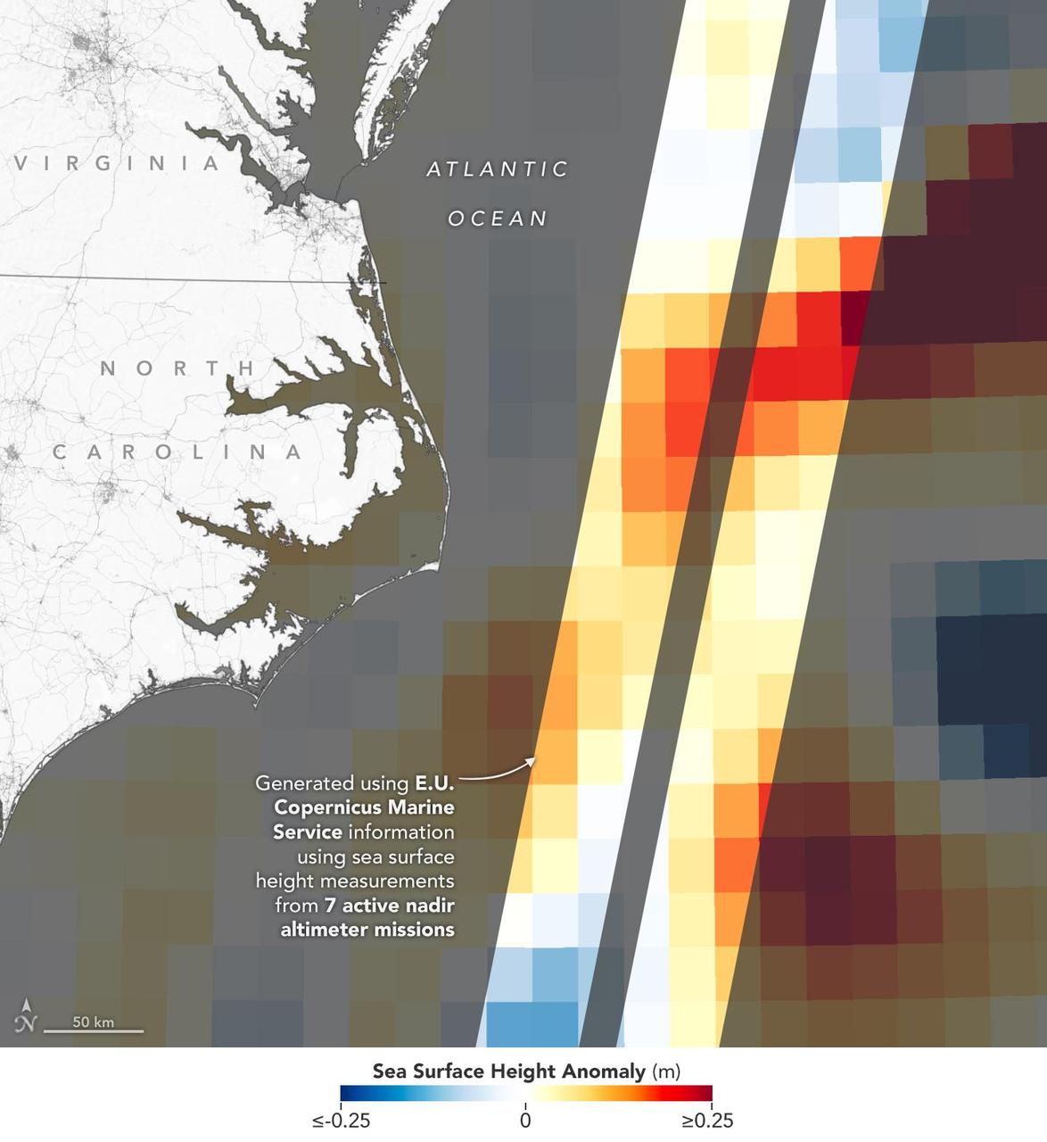 This visualization shows sea surface height measurements of the Gulf Stream off the coast of North Carolina and Virginia. The data was collected on Jan. 21, 2023, by seven satellites currently in operation. The information, provided by the Copernicus Marine Service of ESA (European Space Agency), comes from radar instruments called Earth-facing altimeters. In the visualization, red and orange areas represent sea levels that are higher than the global average, while shades of blue represent sea levels that are lower than average. An altimeter – widely used to measure sea level from space – works by bouncing radar signals off the ocean's surface directly beneath the instrument. It records both the time the signal takes to travel from a satellite to Earth and back, as well as the strength of the return signal. The spatial resolution offered by these instruments – shown in the composite image that's been modified so that different sea levels appear as different colors – is in contrast to the spatial resolution offered by a new instrument called the Ka-band Radar Interferometer (KaRIn), which is 10 times greater. KaRIn launched on board the Surface Water and Ocean Topography (SWOT) satellite on Dec. 16, 2022. SWOT is now in a six-month period called commissioning, calibration and validation. This is when engineers on the mission check out the performance of the satellite's systems and science instruments before the planned start of science operations in July 2023. Led by NASA and the French space agency Centre National d'Études Spatiales (CNES), SWOT will measure the height of water on over 90% of Earth's surface, providing a high-definition survey of our planet's water for the first time. The satellite's measurements of freshwater bodies and the ocean will provide insights into how the ocean influences climate change; how a warming world affects lakes, rivers, and reservoirs; and how communities can better prepare for floods and other disasters. https://photojournal.jpl.nasa.gov/catalog/PIA25773