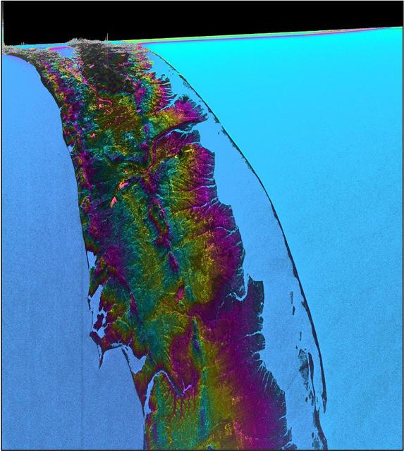 This visualization shows water features on New York's Long Island – shown as bright pink splotches nestled within the landscape. Purple, yellow, green, and dark blue shades represent different land elevations, while the surrounding ocean is a lighter blue. The data was collected on Jan. 21, 2023, by an instrument on the Surface Water and Ocean Topography (SWOT) satellite called the Ka-band Radar Interferometer (KaRIn).  KaRIn is the scientific heart of the SWOT mission. It's a radar instrument with one antenna at each end of a boom thatâ€™s 33 feet (10 meters) long. This enables KaRIn to look off to either side of a center line directly below the satellite as the instrument bounces microwave signals off of Earth's surface. The returning radar signals arrive at each antenna slightly out of step, or phase, from one another. When these signals are combined with other information about the antennas and the satellite's altitude, scientists will be able to map the height of water on Earth's surface with never-before-seen clarity.  This initial inland image is a tantalizing indication of how SWOT can measure details of smaller lakes, ponds, and rivers in ways that satellites could not before. Such data will be used to produce an extraordinary accounting of the freshwater on Earth's surface in ways useful to researchers, policymakers, and water resource managers.  Led by NASA and the French space agency Centre National d'Études Spatiales (CNES), SWOT will measure the height of water on over 90% of Earth's surface, providing a high-definition survey of our planet's water for the first time. The satellite's measurements of freshwater bodies and the ocean will provide insights into how the ocean influences climate change; how a warming world affects lakes, rivers, and reservoirs; and how communities can better prepare for floods and other disasters.  Launched on Dec. 16, 2022, from Vandenberg Space Force Base in central California, SWOT is now in a six-month period called commissioning, calibration and validation. This is when engineers on the mission check out the satellite's systems and science instruments to ensure data accuracy before the start of science operations in July.   https://photojournal.jpl.nasa.gov/catalog/PIA25774