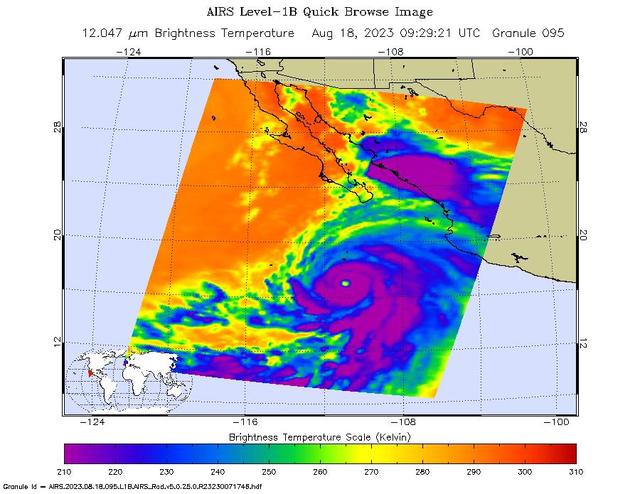 NASA's Atmospheric Infrared Sounder (AIRS) captured Hurricane Hilary on the morning of Aug. 18, 2023, when it was a Category 4 storm roughly 470 miles (760 kilometers) south of Baja California. Hilary could be the first tropical storm to make landfall in California since 1939, according to the National Weather Service.  Hilary grew from a tropical storm into a Category 2 hurricane within 24 hours on Aug. 17. Another period of rapid intensification – an increase in maximum sustained wind speed of at least 30 knots (35 mph) within 24 hours – occurred Aug. 17-18. The animation shows some of this rapid growth, with images taken by AIRS Aug. 15-18. This intensification was driven by very warm ocean surface waters and weak wind shear, a term for vertical changes in wind speed. Strong wind shear can keep hurricanes from forming, or can tear them apart.  AIRS measures cloud temperatures in infrared wavelengths, which can reveal information about the atmosphere not visible to the human eye. Hilary shows several indicators of a powerful hurricane: a well-defined eye surrounded by a ring of very cold clouds in purple, with warmer outer regions seen in yellows and oranges. Purple and violet areas are colder, between about minus 82 degrees Fahrenheit and minus 46 F (minus 63 degrees Celsius to minus 44 C). Blue and green regions are roughly minus 28 F to 26 F (minus 33 C to minus 3 C). The cooler parts of the clouds are associated with very heavy rainfall.  Most hurricanes in the Pacific Ocean off Mexico travel westward, following tropical trade winds. Occasionally, one of these storms will head northward. Hurricane Hilary is being steered by a weak low-pressure system off the coast of California, an area normally dominated by high pressure and an atmospheric circulation pattern that would deflect storms from the region.  The current forecast from the National Hurricane Center has Hilary closely following the western coastline of the Baja California peninsula, weakening as it moves north. Rainfall projections for Southern California range from 2 inches (5 centimeters) in coastal areas to 8 or more inches (20 or more centimeters) in local mountains. For comparison, San Diego and Los Angeles receive no rain in August most years, and the wettest parts of the local mountains receive about 1 inch (3 centimeters) of rain over a normal summer.  In conjunction with the Advanced Microwave Sounding Unit (AMSU), AIRS senses emitted infrared and microwave radiation from Earth to provide a 3D look at the planet's weather and climate. Working in tandem, the two instruments make simultaneous observations down to Earth's surface. With more than 2,000 channels sensing different regions of the atmosphere, the system creates a global, 3D map of atmospheric temperature and humidity, cloud amounts and heights, greenhouse gas concentrations, and many other atmospheric phenomena. Launched into Earth orbit in 2002 aboard NASA's Aqua spacecraft, the AIRS and AMSU instruments are managed by NASA's Jet Propulsion Laboratory in Southern California, under contract to NASA. JPL is a division of Caltech.  Animation available at https://photojournal.jpl.nasa.gov/catalog/PIA25779