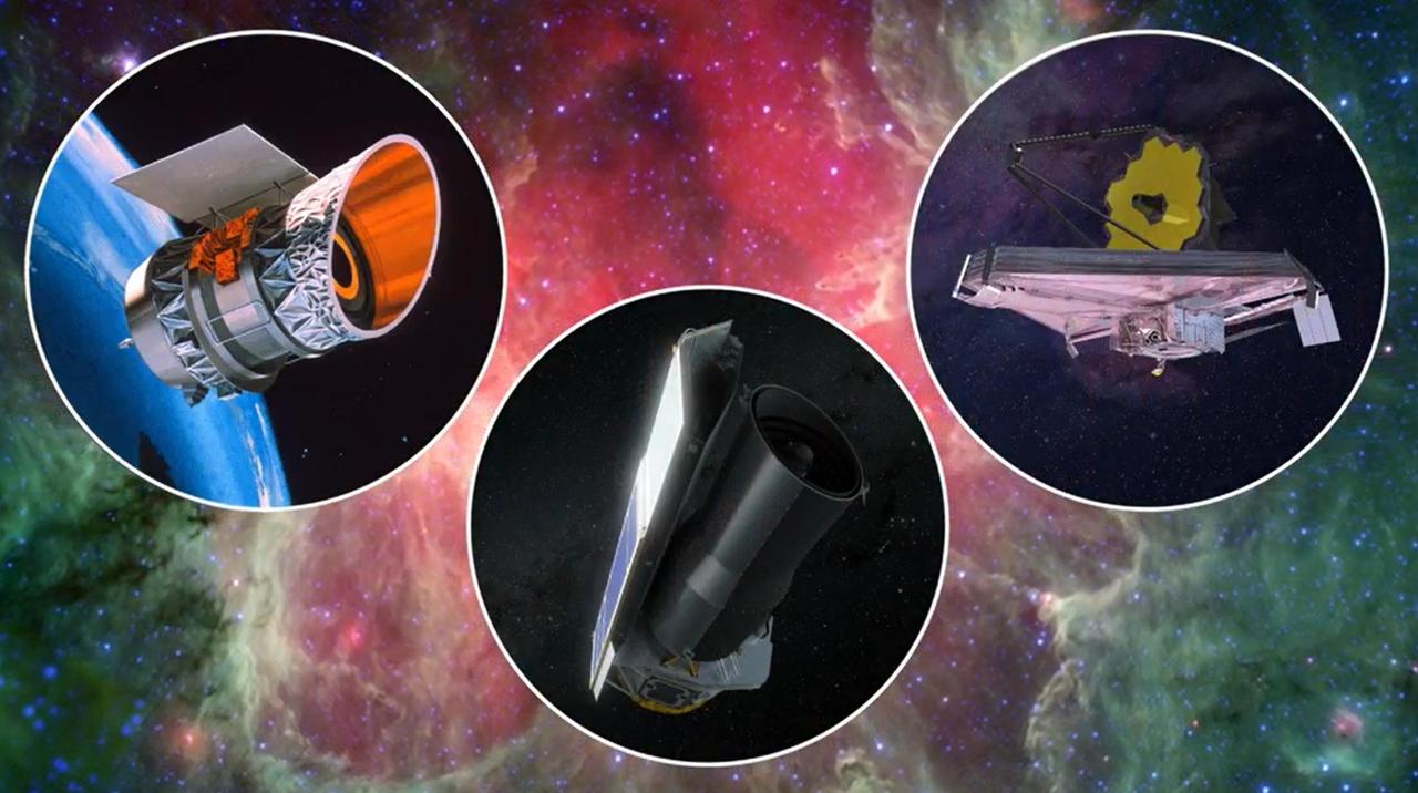 This artist's concept shows three space telescopes that observe infrared light, wavelengths slightly longer than what human eyes can see. On the right is NASA's James Webb Space Telescope. Launched in 2021, it is the largest and most powerful space observatory in history. On the left is NASA's Infrared Astronomical Satellite (IRAS), the first infrared telescope in Earth orbit, launched in 1983. In the middle is NASA's Spitzer Space Telescope, launched in 2003. The background image is from Spitzer and shows the Eagle Nebula.  https://photojournal.jpl.nasa.gov/catalog/PIA25790