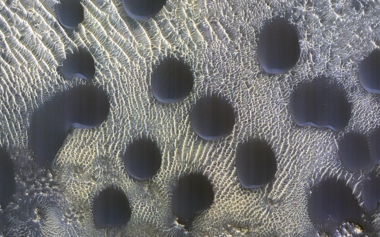 Sand dunes of many shapes and sizes are common on Mars. In this example, the dunes are almost perfectly circular, which is unusual. They are still slightly asymmetrical, with steep slip faces on the south ends. This indicates that sand generally moves to the south, but the winds may be variable. This is part of a series of images to monitor how frost disappears in the late winter; this observation appears to be free of frost. A previous image shows when the surface was covered by frost. https://photojournal.jpl.nasa.gov/catalog/PIA25795