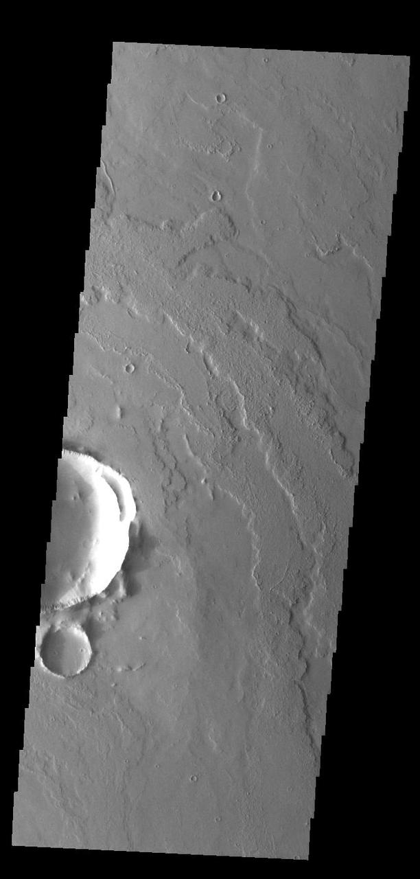 Today's VIS image shows a small portion of the immense lava flows that originated from Arsia Mons. Arsia Mons is the southernmost of the three large aligned volcanoes in the Tharsis region. Arsia Mons' last eruption was 10s of million years ago. The different surface textures are created by differences in the lava viscosity and cooling rates. The lobate margins of each flow can be traced back to the start of each flow — or to the point where they are covered by younger flows. Flows in Daedalia Planum can be as long as 180 km (111 miles). For comparison the longest Hawaiian lava flow is only 51 km (˜31 miles) long. The total area of Daedalia Planum is 2.9 million square km – more than four times the size of Texas. Orbit Number: 92988 Latitude: -14.2638 Longitude: 243.558 Instrument: VIS Captured: 2022-11-30 21:37 https://photojournal.jpl.nasa.gov/catalog/PIA25809