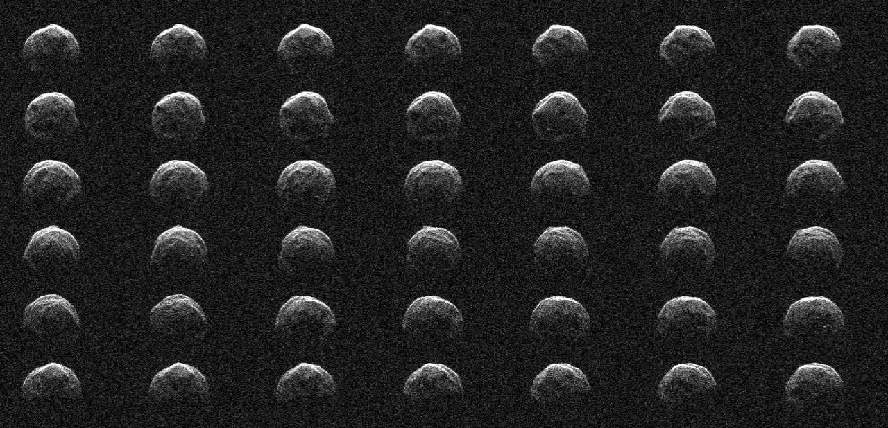 This collage represents a selection of NASA radar observations of near-Earth asteroid 2006 HV5 on April 25, 2023, less than one day before its close approach with our planet at a distance of about 1.5 million miles (2.4 million kilometers, or about 6.3 times the distance between the Moon and Earth). Asteroid 2006 HV5 was discovered by the Lincoln Near-Earth Asteroid Research (LINEAR) program in New Mexico in April 2006. The radar images show that 2006 HV5 is about 1,000 feet (300 meters) across, roughly the height of the Eiffel Tower, confirming size estimates derived from infrared observations made previously by NASA's NEOWISE mission. 2006 HV5 is classified as a potentially hazardous asteroid as its orbit brings it close to Earth, but its path around the Sun is very well known and the asteroid is not an impact risk to our planet. Asteroids of this size come this close to Earth roughly once a year, on average.  The new observations were made by scientists at NASA's Jet Propulsion Laboratory using the powerful 230-foot (70-meter) Goldstone Solar System Radar antenna at the Deep Space Network's facility near Barstow, California. The images confirm the asteroid's size, while also providing a detailed look at its meatball-like shape.  The asteroid has a rounded appearance, is "squished" at the poles (i.e., it is oblate), and has a rotation period of about 3.6 hours. The sequence of radar images spans slightly more than one rotation. The images, which have a resolution of about 12 feet (3.75 meters) per pixel, reveal surface features such as ridges, flat regions, concavities, and small-scale topography that might indicate boulders.  https://photojournal.jpl.nasa.gov/catalog/PIA25834