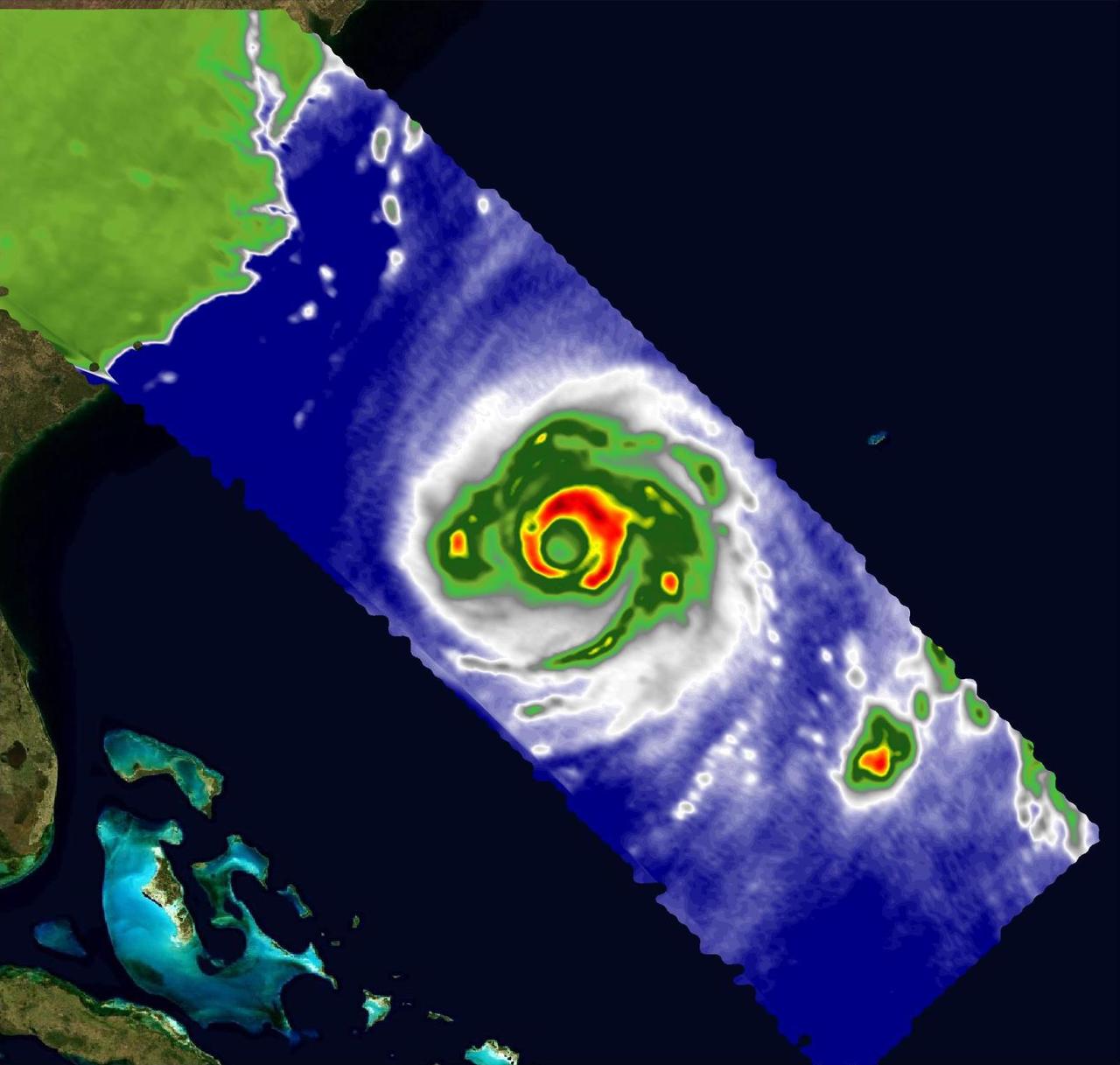A pair of weather instruments built at NASA's Jet Propulsion Laboratory in Southern California captured images of Hurricane Franklin as the Category 4 storm moved off the East Coast of the United States on Aug. 29, 2023.  COWVR (short for Compact Ocean Wind Vector Radiometer) and TEMPEST (Temporal Experiment for Storms and Tropical Systems) observe the planet's atmosphere and surface from aboard the International Space Station, which passed in low Earth orbit over the storm at about 9:58 a.m. EDT.  This image combines microwave emissions measurements from both COWVR and TEMPEST. White sections indicate the presence of clouds. Green portions indicate rain. Yellow, red, and black indicate where air and water vapor were moving most vigorously. Franklin's center is seen about 700 miles (1,127 kilometers) east of Jacksonville, Florida, over the Atlantic Ocean.  https://photojournal.jpl.nasa.gov/catalog/PIA25870