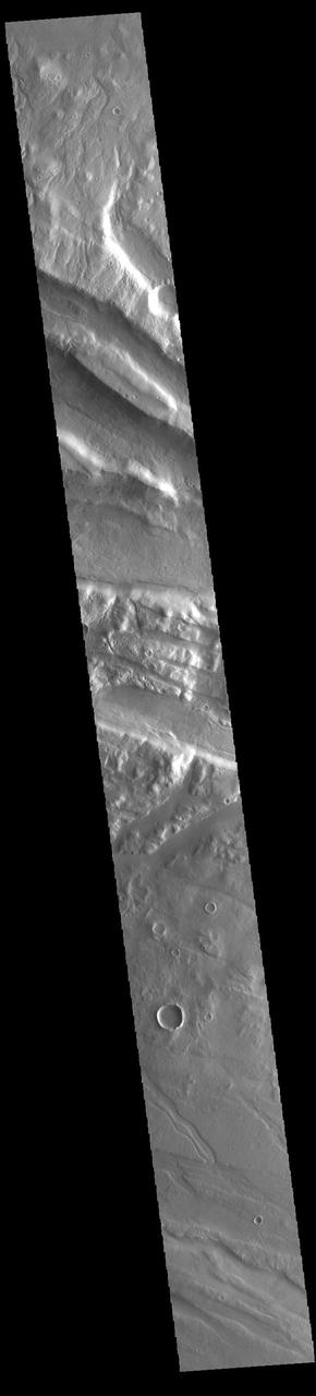 This VIS image shows part of Acheron Fossae. Acheron Fossae is the highly fractured, faulted and deformed terrain located 1,050 kilometers (650 miles) north of the large shield volcano Olympus Mons. Lava flows from Olympus Mons at the base of Acheron Fossae show that the fossae predate the flows. The scarps visible in this image are approximately one kilometer (3,300 feet) high.  Orbit Number: 93718 Latitude: 38.2569 Longitude: 225.828 Instrument: VIS Captured: 2023-01-30 01:18  https://photojournal.jpl.nasa.gov/catalog/PIA25873
