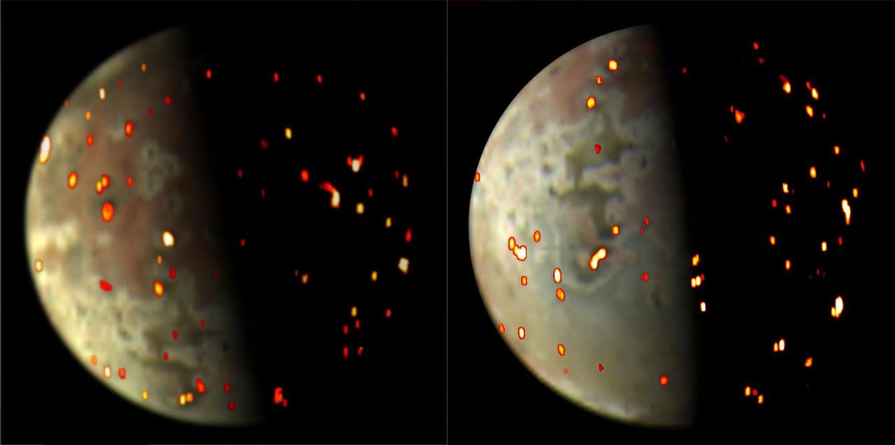 These composite views depicting volcanic activity on Io were generated using both visible light and infrared data collected by NASA's Juno spacecraft during flybys of the Jovian moon on Dec. 14, 2022 (left) and March 1, 2023. In both views, the view of the moon (in mottled grays and browns) is provided by the JunoCam imager. The overlays of reds, yellows and bright whites is data from spacecraft's JIRAM (Jovian Infrared Auroral Mapper) instrument. The JIRAM data on the left was collected from an altitude of about 50,000 miles (80,000 kilometers), with a spatial resolution of around 12 miles (20 kilometers) per pixel. The JIRAM data annotated into the right JunoCam image was acquired at an altitude of about 36,000 miles (58,000 kilometers) and has a spatial resolution of 9 miles (15 kilometers) per pixel. JIRAM "sees" infrared light not visible to the human eye. It measures heat radiated from the planet at an infrared wavelength of around 5 microns. Annotated views like these can help the Juno science team better understand location and variations in the active volcanoes on the moon's surface. https://photojournal.jpl.nasa.gov/catalog/PIA25888