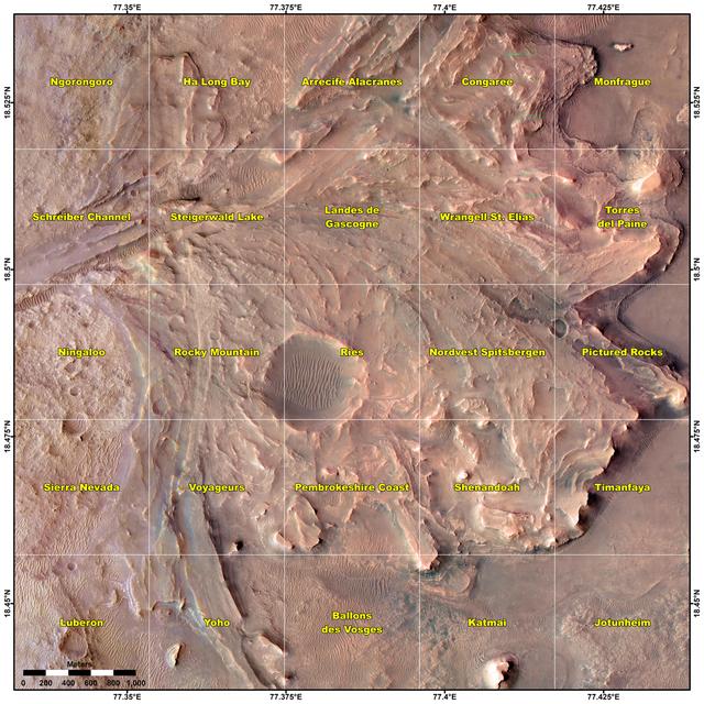 This map shows various quadrant themes in the vicinity of NASA's Perseverance Mars rover, which is currently in the Rocky Mountain quadrant within the much broader Jezero Crater. Each quadrant is 0.7 miles (1.2 kilometers) on each side.  The Perseverance team chose quadrant themes related to various national parks across Earth, from Shenandoah National Park in Virginia to Jotunheimen National Park in Norway. The themes help organize the unofficial nicknames that are given by rover team members to different surface features they want to study, such as hills, craters, boulders, and even specific rock surfaces. The first sedimentary rock core sample the rover took was from a rock nicknamed "Skinner Ridge" for a ridge in Shenandoah National Park when Perseverance was in that quadrant. Many hundreds of names are compiled into a list based on each theme and are applied as the rover explores that quadrant. Rovers can sometimes end up exploring a quadrant for months, exhausting the list of names and prompting a new list to be drawn up.  A key objective for Perseverance's mission on Mars is astrobiology, including the search for signs of ancient microbial life. The rover will characterize the planet's geology and past climate, pave the way for human exploration of the Red Planet, and be the first mission to collect and cache Martian rock and regolith (broken rock and dust).  Subsequent NASA missions, in cooperation with ESA (European Space Agency), would send spacecraft to Mars to collect these sealed samples from the surface and return them to Earth for in-depth analysis.  The Mars 2020 Perseverance mission is part of NASA's Moon to Mars exploration approach, which includes Artemis missions to the Moon that will help prepare for human exploration of the Red Planet.  https://photojournal.jpl.nasa.gov/catalog/PIA25913