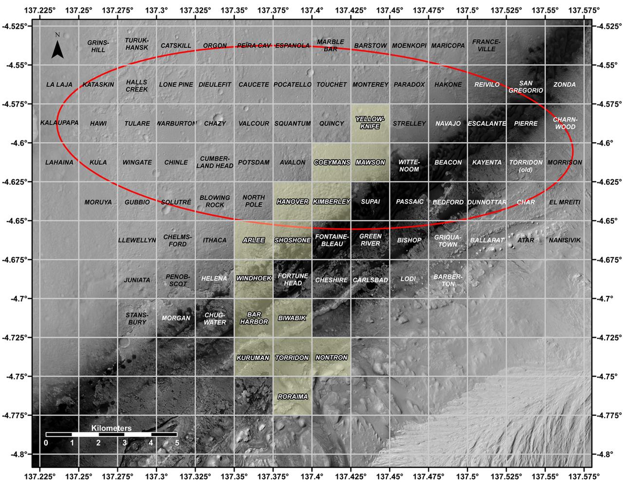 This map shows all the quadrant themes for NASA's Curiosity Mars rover, which is currently in the Roraima quadrant seen at the bottom. The red oval indicates the landing ellipse where the rover was targeted to touch down in 2012. The yellow-tinted quadrants are areas the rover has driven through since then. Themes are chosen in advance of the rover's arrival in a new quadrant; the rover's path couldn't be planned until after the team knew where it landed. Martian latitude and longitude is provided around the outside of the map.  With the Curiosity mission, scientists began using quadrant themes to organize the long lists of unofficial nicknames needed to catalog its observations, whether hills, craters, boulders, rocks, and even tiny features on rock surfaces. Scientist deplete these lists of names quickly – especially with Curiosity, which has used more than 10,000 names over nearly 11 years of exploring Mars. Different science "targets" all require names – including targets for the rover's cameras, the rocks on which it places its arm instruments and drill, and the surfaces it zaps with its laser instrument.  Curiosity's team chooses quadrant themes based on sites of geological interest on Earth. Its current quadrant, Roraima, is named for the northernmost state of Brazil, and for Mount Roraima, the highest peak in the Pacaraima mountains, located near the border of Venezuela, Brazil, and Guyana. The sulfate-enriched region Curiosity is currently exploring, with its flat-topped hills and steep slopes, reminded the rover team of the "table-top" mountains in the Pacaraima range. This is the first quadrant theme the team has chosen related to South America.  Previously explored quadrants include Torridon, based on sites in Scotland, and Nontron, based on the French region where the town of Nontron can be found. While in the Nontron quadrant, which was located in a clay-enriched region, Curiosity drilled a rock sample that included a notable amount of nontronite – a clay mineral that was first discovered on Earth near Nontron.  Each quadrant is 0.025 degrees of latitude and longitude, or approximately 0.7 miles (1.2 kilometers) on each side.  https://photojournal.jpl.nasa.gov/catalog/PIA25914