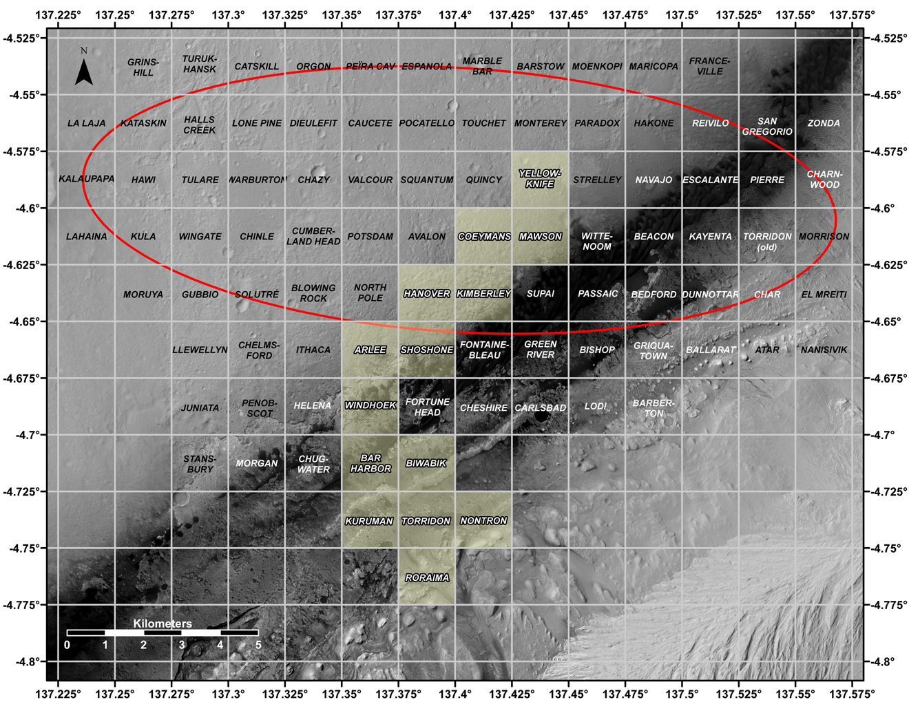 This map shows all the quadrant themes for NASA's Curiosity Mars rover, which is currently in the Roraima quadrant. The red oval indicates the landing ellipse where the rover was targeted to touch down in 2012.
