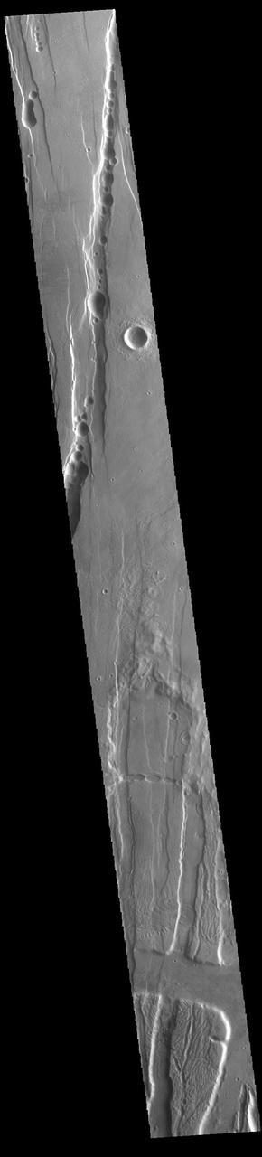 This VIS image shows part of Tractus Catena, just one of many north/south trending tectonic graben located south and east of Alba Mons. The graben with circular pits are part of Tractus Catena. The graben without pits are part of Tractus Fossae. The pits most likely formed as a result of roof collapse into an underlying open space such as a lava tube. Orbit Number: 93979 Latitude: 28.6599 Longitude: 257.766 Instrument: VIS Captured: 2023-02-20 13:00 https://photojournal.jpl.nasa.gov/catalog/PIA25940