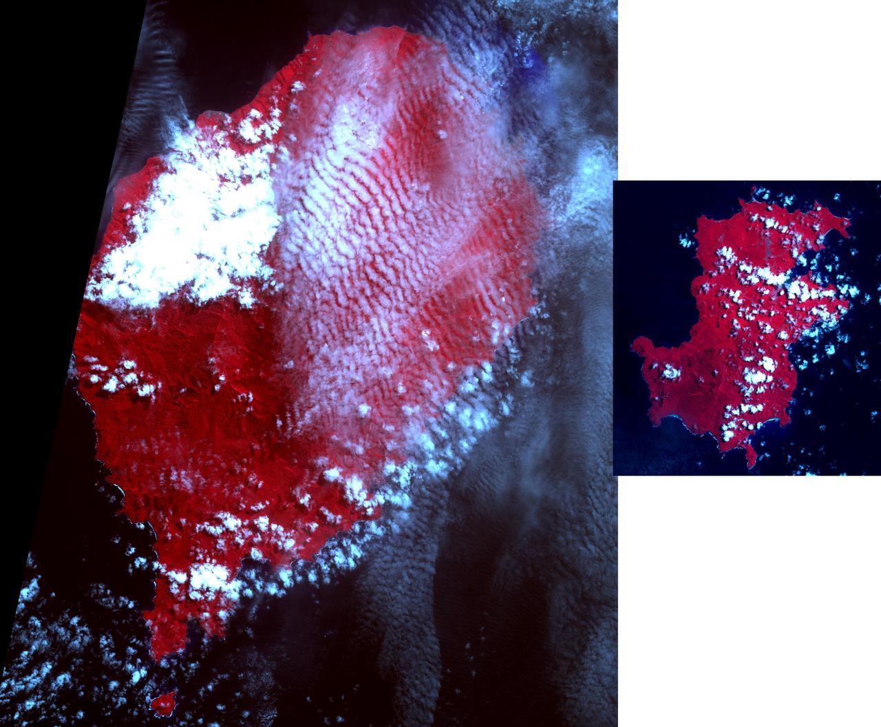 The Democratic Republic of Sao Tome and Principe is an island country in the Gulf of Guinea, off the western equatorial coast of central Africa. It is the second smallest African sovereign state, and consists of two archipelagos around the two main islands, about 150 km apart. About 100 years ago, this twin-island nation was the biggest producer of chocolate in the world. Now several producers are seeking to revitalize the trade. The images were acquired May 25, 2018 (Sao Tome, left), and April 5, 2020 (Principe, right); cover areas of 42 by 49.5 km, and 18.3 by 20.1 km; and are located at 0.2 degrees north, 6.6 degrees east; and 1.6 degrees north, 7.4 degrees east. https://photojournal.jpl.nasa.gov/catalog/PIA25981