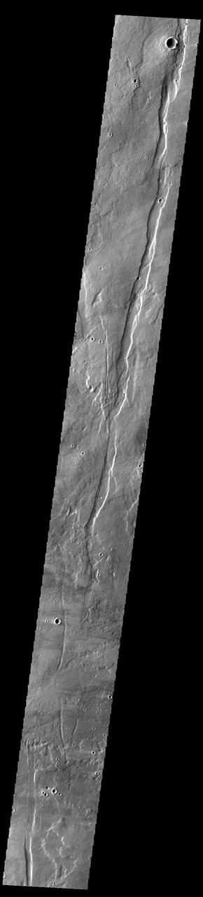This VIS image shows part of Cerunius Fossae. The linear depressions are fault bounded features called graben. Graben are formed by extension of the crust and faulting. When large amounts of pressure or tension are applied to rocks on timescales that are fast enough that the rock cannot respond by deforming, the rock breaks along faults. In the case of a graben, two parallel faults are formed by extension of the crust and the rock in between the faults drops downward into the space created by the extension. The largest graben in this THEMIS image trends from almost north/south. Because the faults defining the graben are formed perpendicular to the direction of the applied stress, we know that extensional forces were pulling the crust apart in the east/west direction. Ceraunius Fossae is located on the southern part of Alba Mons and is 1166km (724 miles) long. Orbit Number: 94210 Latitude: 32.086 Longitude: 247.58 Instrument: VIS Captured: 2023-03-11 14:09 https://photojournal.jpl.nasa.gov/catalog/PIA25991