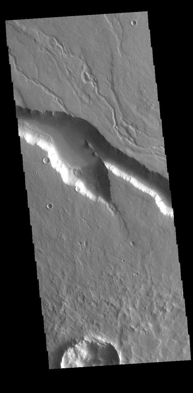 Today's VIS image contains a section of one of the many channel forms found radial to the Elysium Mons volcanic complex. In this case the fossae are located to the west of Elysium Mons. Elysium Fossae are comprised of both linear and sinuous channels, usually interpreted to have both fluid and tectonic forces playing a part in the formation. The linear depression resembles a graben (formed by tectonic forces) and sinuous channels more closely resembles features caused by fluid flow – either lava or water created by melting subsurface ice due to volcanic heating. The Elysium Fossae system is 1044 km (649 miles) in length. Orbit Number: 94320 Latitude: 29.5145 Longitude: 140.23 Instrument: VIS Captured: 2023-03-20 14:52 https://photojournal.jpl.nasa.gov/catalog/PIA26004