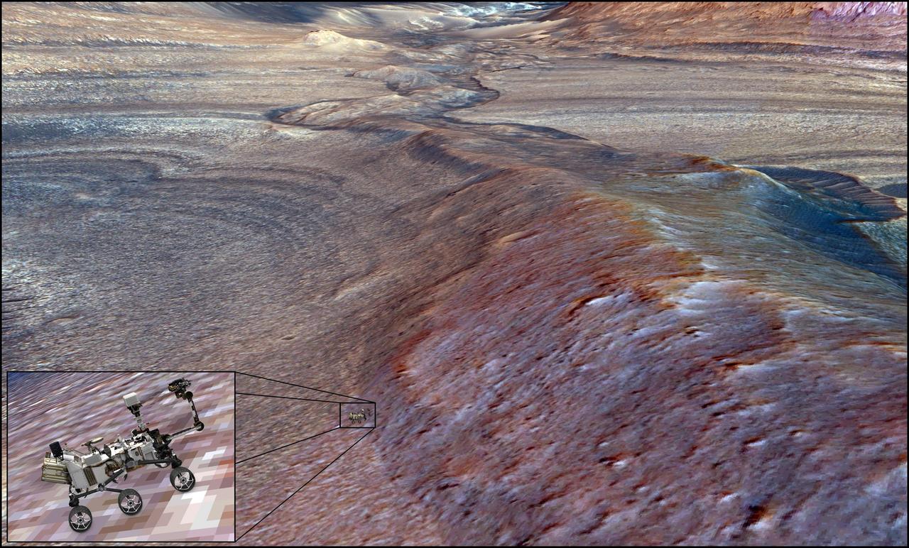 NASA's Curiosity Mars rover can be seen in this 3D rendering of Gediz Vallis Ridge, a formation the mission's science team has long sought to explore. It took the mission four attempts over three years to finally reach the ridge in mid-August 2023. This rendering was created using science data and imagery captured from space by NASA's Mars Reconnaissance Orbiter.  Curiosity team member Alex Bryk made the rendering using the same software the team uses to chart Curiosity's route up Mount Sharp, which the rover has been ascending since 2014. Where Curiosity appears in this image, the ridge is estimated to be nearly 70 feet (21 meters) tall. After spending Aug. 14-25 at the ridge, Curiosity departed to drive farther up the mountain; the rover's team will be searching for a path to the left side of the channel that's seen at the top of this image.  https://photojournal.jpl.nasa.gov/catalog/PIA26020