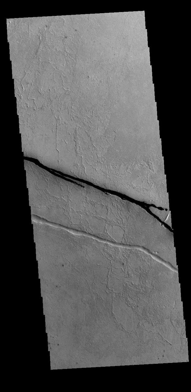 Today's VIS image shows a section of Cerberus Fossae. Cerberus Fossae are located in Elysium Planitia, southeast of the Elysium Mons volcanic complex. The linear features in the image are tectonic graben. Graben are formed by extension of the crust and faulting. When large amounts of pressure or tension are applied to rocks on timescales that are fast enough that the rock cannot respond by deforming, the rock breaks along faults. In the case of a graben, two parallel faults are formed by extension of the crust and the rock in between the faults drops downward into the space created by the extension. Two graben are visible in this THEMIS image, trending from west-northwest to east-southeast. Because the faults defining the graben are formed perpendicular to the direction of the applied stress, we know that extensional forces were pulling the crust apart in the north-northeast/south-southwest direction. The Cerberus Fossae graben are sources of both channels and significant volcanic flows. The rough surface around the graben is thought to be volcanic flows. Cerberus Fossae cuts across features such as hills, indicating the relative youth of the tectonic activity. Orbit Number: 94494 Latitude: 8.856 Longitude: 163.378 Instrument: VIS Captured: 2023-04-03 22:36 https://photojournal.jpl.nasa.gov/catalog/PIA26031