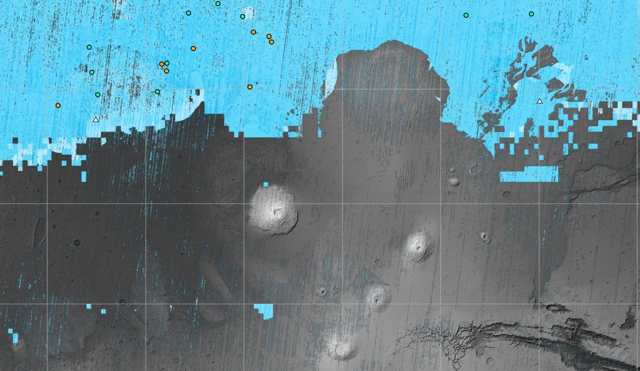 The blue areas on this map of Mars show regions where NASA missions have detected subsurface water ice. Scientists can use the map – part of the Subsurface Water Ice Mapping project, or SWIM – to decide where the first astronauts to set foot on the Red Planet should land. Triangles on the map are past and present Mars missions; circles are ice-exposing impact craters.  Mars has both water ice and carbon dioxide ice (dry ice); water ice would be a critical resource for the first astronauts to step foot on Mars, who can use it for drinking, rocket fuel, and other purposes. The more water ice these astronauts land next to, the less they need to bring with them.  Because the Martian atmosphere is so thin – less than 1% the pressure experienced at sea level on Earth – liquid water is unstable on the Red Planet and will vaporize unless it's frozen. But water ice on the planet's surface is only stable at high latitudes that are far too cold for astronauts and robots to survive. So SWIM attempts to locate water ice preserved within the subsurface in the mid-latitudes, where landing would be feasible. Such regions are far enough toward the pole for water ice to be plentiful, but close enough to the equator to avoid the coldest temperatures seen on Mars.  SWIM combines data from several NASA missions, including the Mars Reconnaissance Orbiter (MRO), 2001 Mars Odyssey, and the now-inactive Mars Global Surveyor. The project mapped the area from the equator to 60 degrees north latitude.  https://photojournal.jpl.nasa.gov/catalog/PIA26045
