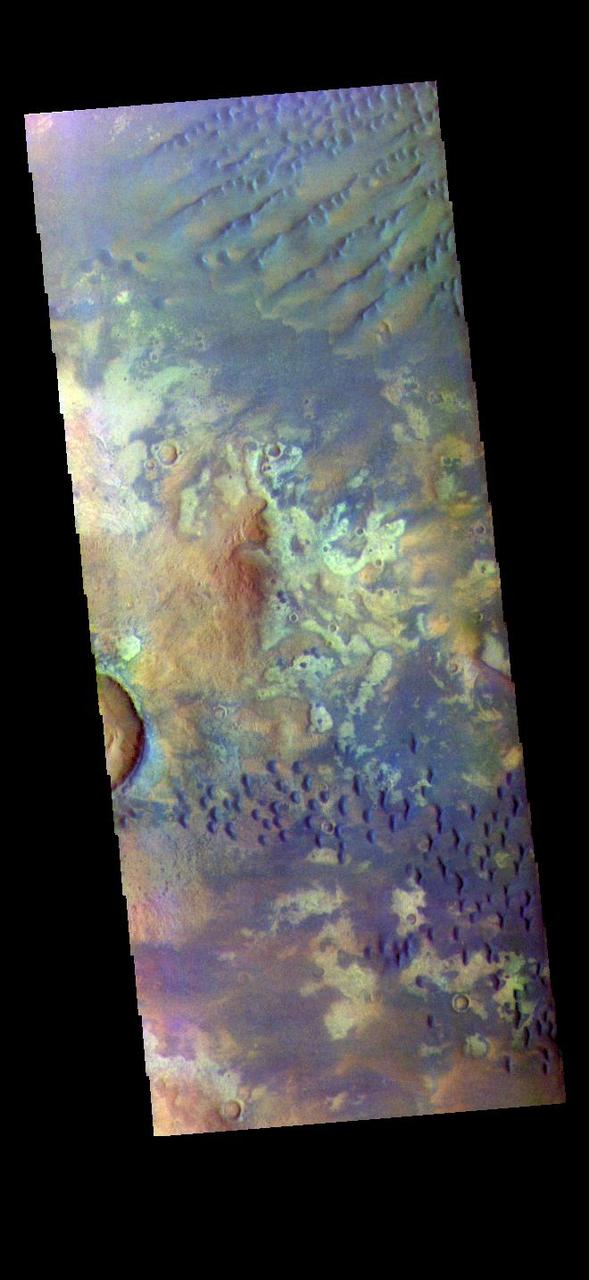 The THEMIS VIS camera contains 5 filters. The data from different filters can be combined in multiple ways to create a false color image. These false color images may reveal subtle variations of the surface not easily identified in a single band image. Today's false color image shows part of the floor of Kaiser Crater. Kaiser Crater is 207 km (129 miles) in diameter and is located in Noachis Terra west of Hellas Planitia. This sand dune field is one of several regions of sand dunes located on the southern part of the crater floor. The image also shows the complex crater floor beneath the dunes. These dunes are composed of basaltic sand that has collected in the bottom of the crater. The topographic depression of the crater forms a sand trap that prevents the sand from escaping. Dune fields are common in the bottoms of craters on Mars and appear as dark splotches that often lean up against the downwind walls of the craters. Dunes are useful for studying both the geology and meteorology of Mars. The sand forms by erosion of larger rocks, but it is unclear when and where this erosion took place on Mars or how such large volumes of sand could be formed. The dunes also indicate the local wind directions by their morphology.  The THEMIS VIS camera is capable of capturing color images of the Martian surface using five different color filters. In this mode of operation, the spatial resolution and coverage of the image must be reduced to accommodate the additional data volume produced from using multiple filters. To make a color image, three of the five filter images (each in grayscale) are selected. Each is contrast enhanced and then converted to a red, green, or blue intensity image. These three images are then combined to produce a full color, single image. Because the THEMIS color filters don't span the full range of colors seen by the human eye, a color THEMIS image does not represent true color. Also, because each single-filter image is contrast enhanced before inclusion in the three-color image, the apparent color variation of the scene is exaggerated. Nevertheless, the color variation that does appear is representative of some change in color, however subtle, in the actual scene. Note that the long edges of THEMIS color images typically contain color artifacts that do not represent surface variation.  Orbit Number: 90294 Latitude: -46.9314 Longitude: 18.9731 Instrument: VIS Captured: 2022-04-23 02:29  https://photojournal.jpl.nasa.gov/catalog/PIA26058