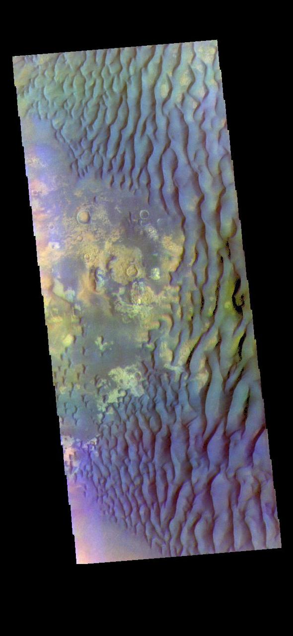 The THEMIS VIS camera contains 5 filters. The data from different filters can be combined in multiple ways to create a false color image. These false color images may reveal subtle variations of the surface not easily identified in a single band image. Today's false color image shows part of the floor of Kaiser Crater. Kaiser Crater is 207 km (129 miles) in diameter and is located in Noachis Terra west of Hellas Planitia. This sand dune field is one of several regions of sand dunes located on the southern part of the crater floor. The image also shows the complex crater floor beneath the dunes. These dunes are composed of basaltic sand that has collected in the bottom of the crater. The topographic depression of the crater forms a sand trap that prevents the sand from escaping. Dune fields are common in the bottoms of craters on Mars and appear as dark splotches that often lean up against the downwind walls of the craters. Dunes are useful for studying both the geology and meteorology of Mars. The sand forms by erosion of larger rocks, but it is unclear when and where this erosion took place on Mars or how such large volumes of sand could be formed. The dunes also indicate the local wind directions by their morphology.  The THEMIS VIS camera is capable of capturing color images of the Martian surface using five different color filters. In this mode of operation, the spatial resolution and coverage of the image must be reduced to accommodate the additional data volume produced from using multiple filters. To make a color image, three of the five filter images (each in grayscale) are selected. Each is contrast enhanced and then converted to a red, green, or blue intensity image. These three images are then combined to produce a full color, single image. Because the THEMIS color filters don't span the full range of colors seen by the human eye, a color THEMIS image does not represent true color. Also, because each single-filter image is contrast enhanced before inclusion in the three-color image, the apparent color variation of the scene is exaggerated. Nevertheless, the color variation that does appear is representative of some change in color, however subtle, in the actual scene. Note that the long edges of THEMIS color images typically contain color artifacts that do not represent surface variation.  Orbit Number: 91155 Latitude: -46.9827 Longitude: 19.3481 Instrument: VIS Captured: 2022-07-02 23:58  https://photojournal.jpl.nasa.gov/catalog/PIA26059