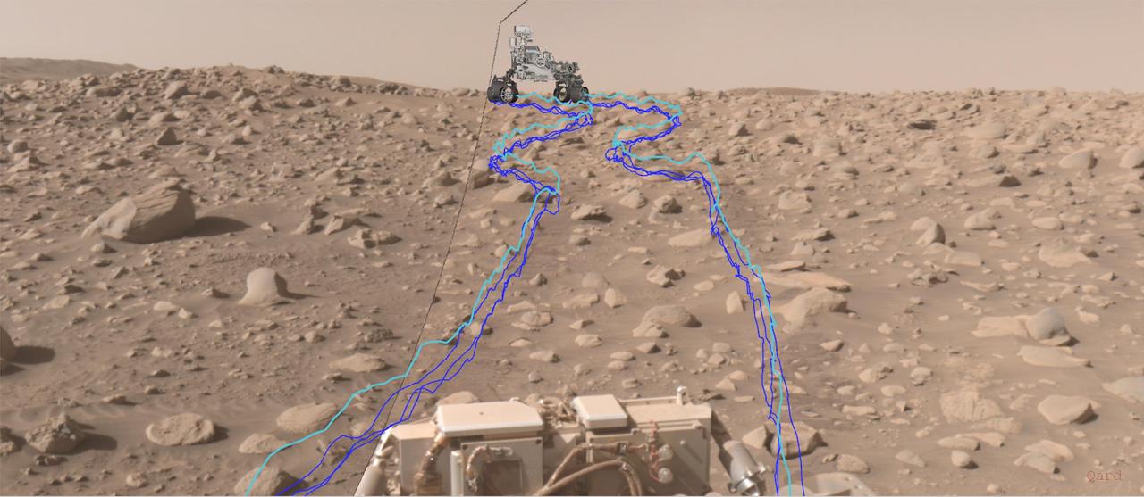 This annotated composite image shows the path NASA's Perseverance Mars rover took through a dense section of boulders. It was acquired on June 29, 2023, the 838th day, or sol, of the mission, by one of the rover's navigation cameras and was annotated using the Robot Sequencing and Visualization Program. The pale blue line indicates the course of the center of the rover's front wheel hubs, while the darker blue lines show the paths taken by the bottom of the rover's six wheels.  With the help of its self-driving autonomous navigation system, AutoNav, Perseverance traversed the boulder field much more quickly than previous rovers could have.  A key objective for Perseverance's mission on Mars is astrobiology, including the search for signs of ancient microbial life. The rover will characterize the planet's geology and past climate, pave the way for human exploration of the Red Planet, and be the first mission to collect and cache Martian rock and regolith (broken rock and dust).  Subsequent NASA missions, in cooperation with ESA (European Space Agency), would send spacecraft to Mars to collect these sealed samples from the surface and return them to Earth for in-depth analysis.  The Mars 2020 Perseverance mission is part of NASA's Moon to Mars exploration approach, which includes Artemis missions to the Moon that will help prepare for human exploration of the Red Planet.  https://photojournal.jpl.nasa.gov/catalog/PIA26071