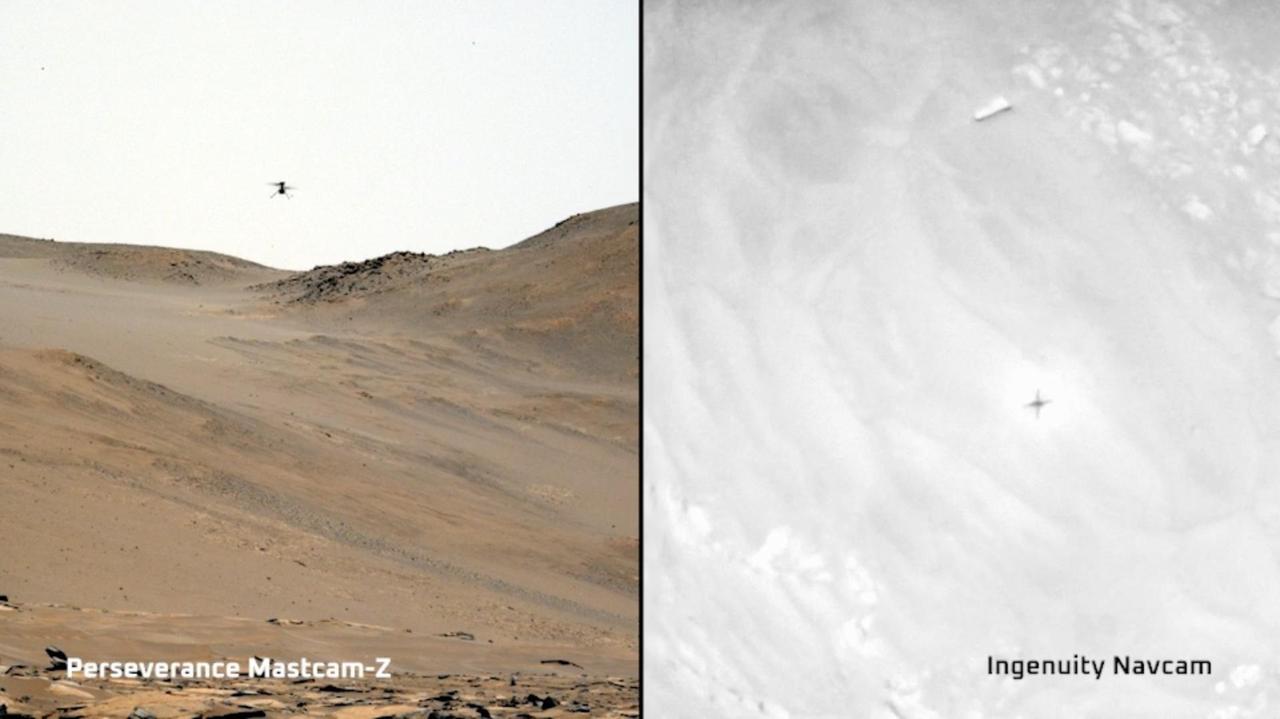 This video combines two perspectives of the 59th flight of NASA's Ingenuity Mars Helicopter. The frame on the left shows video from NASA's Perseverance Mars rover; the frame on the right is footage taken by Ingenuity's downward-pointing black-and-white Navigation Camera, or Navcam, with the helicopter's shadow visible on the Martian surface.  The 142-second flight, which took place on Sept 16, 2023, was intended to check Martian wind patterns. The rotorcraft hovered at different altitudes: 13 feet (4 meters), 26 feet (8 meters), 39 feet (12 meters), 52 feet (16 meters), and 66 feet (20 meters). The highest altitude achieved in this flight was at that time a record for Ingenuity. The helicopter also demonstrated during Flight 59 that it could land at speeds 25% slower than originally designed.  The video clip from Perseverance was captured by the rover's Mastcam-Z imager from about 180 feet (55 meters) away. Shown here is an enhanced-color view that exaggerates subtle color differences in the scene to show more detail.  The inset video shows black-and-white imagery taken by Ingenuity's downward-pointing Navigation Camera (Navcam) during the flight. The video ends shortly after the helicopter's final hover at 13 feet (4 meters) as it begins its final descent to the surface.  A key objective for Perseverance's mission on Mars is astrobiology, including the search for signs of ancient microbial life. The rover will characterize the planet's geology and past climate, pave the way for human exploration of the Red Planet, and be the first mission to collect and cache Martian rock and regolith (broken rock and dust).  Subsequent NASA missions, in cooperation with ESA (European Space Agency), would send spacecraft to Mars to collect these sealed samples from the surface and return them to Earth for in-depth analysis.  The Mars 2020 Perseverance mission is part of NASA's Moon to Mars exploration approach, which includes Artemis missions to the Moon that will help prepare for human exploration of the Red Planet.  Movies available at https://photojournal.jpl.nasa.gov/catalog/PIA26078