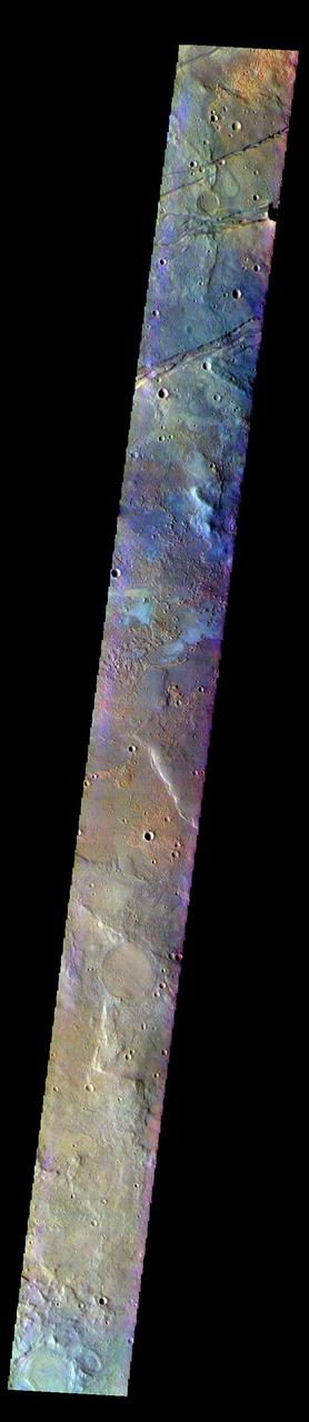The THEMIS VIS camera contains 5 filters. The data from different filters can be combined in multiple ways to create a false color image. These false color images may reveal subtle variations of the surface not easily identified in a single band image. Today's false color image shows part of Terra Sirenum. The linear features at the top of the image are tectonic features called graben. These graben are part of Sirenum Fossae. Graben are formed by extension of the crust and faulting. When large amounts of pressure or tension are applied to rocks on timescales that are fast enough that the rock cannot respond by deforming, the rock breaks along faults. In the case of a graben, two parallel faults are formed by extension of the crust and the rock in between the faults drops downward into the space created by the extension.The graben in this image are trending from north-northeast to south-southwest. Because the faults defining the graben are formed perpendicular to the direction of the applied stress, we know that extensional forces were pulling the crust apart in the west-northwest/east-southeast direction. The Sirenum Fossae graben are 2735km (1700 miles) long. The THEMIS VIS camera is capable of capturing color images of the Martian surface using five different color filters. In this mode of operation, the spatial resolution and coverage of the image must be reduced to accommodate the additional data volume produced from using multiple filters. To make a color image, three of the five filter images (each in grayscale) are selected. Each is contrast enhanced and then converted to a red, green, or blue intensity image. These three images are then combined to produce a full color, single image. Because the THEMIS color filters don't span the full range of colors seen by the human eye, a color THEMIS image does not represent true color. Also, because each single-filter image is contrast enhanced before inclusion in the three-color image, the apparent color variation of the scene is exaggerated. Nevertheless, the color variation that does appear is representative of some change in color, however subtle, in the actual scene. Note that the long edges of THEMIS color images typically contain color artifacts that do not represent surface variation. Orbit Number: 91654 Latitude: -33.0364 Longitude: 206.174 Instrument: VIS Captured: 2022-08-13 01:31 https://photojournal.jpl.nasa.gov/catalog/PIA26083