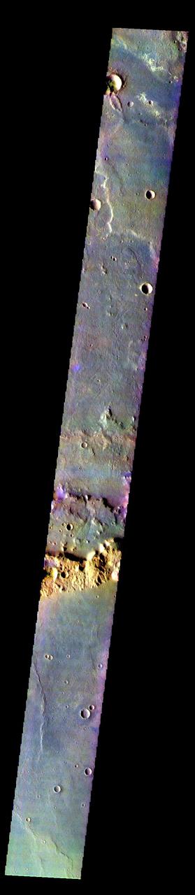 The THEMIS VIS camera contains 5 filters. The data from different filters can be combined in multiple ways to create a false color image. These false color images may reveal subtle variations of the surface not easily identified in a single band image. Today's false color image shows part of Terra Cimmeria. The THEMIS VIS camera is capable of capturing color images of the Martian surface using five different color filters. In this mode of operation, the spatial resolution and coverage of the image must be reduced to accommodate the additional data volume produced from using multiple filters. To make a color image, three of the five filter images (each in grayscale) are selected. Each is contrast enhanced and then converted to a red, green, or blue intensity image. These three images are then combined to produce a full color, single image. Because the THEMIS color filters don't span the full range of colors seen by the human eye, a color THEMIS image does not represent true color. Also, because each single-filter image is contrast enhanced before inclusion in the three-color image, the apparent color variation of the scene is exaggerated. Nevertheless, the color variation that does appear is representative of some change in color, however subtle, in the actual scene. Note that the long edges of THEMIS color images typically contain color artifacts that do not represent surface variation. Orbit Number: 92204 Latitude: -30.7921 Longitude: 179.257 Instrument: VIS Captured: 2022-09-27 08:24 https://photojournal.jpl.nasa.gov/catalog/PIA26088
