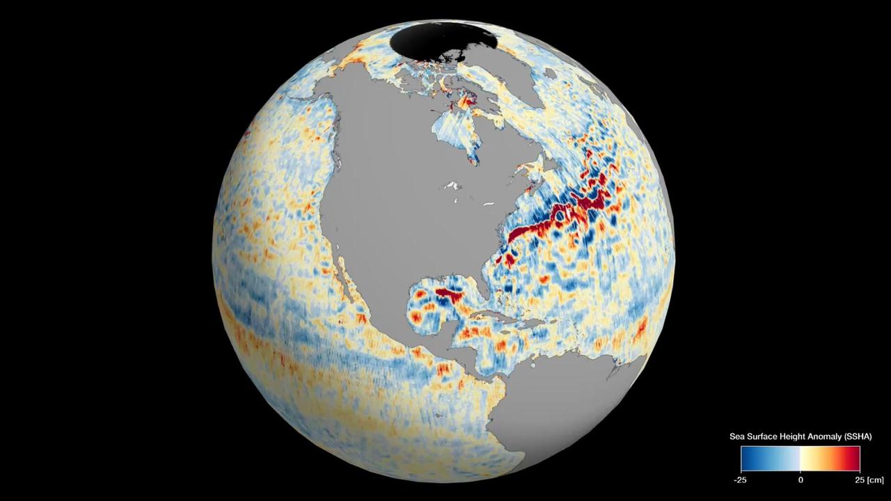 This animation shows global sea level data collected by the Surface Water and Ocean Topography (SWOT) satellite during its first 21-day science orbit, which it completed from July 26 to Aug. 16, 2023. Red and orange indicate ocean heights that were higher than the global mean sea surface height, while blue represents lower-than-the mean. Sea level differences can highlight ocean currents, like the Gulf Stream coming off the U.S. East Coast or the Kuroshio current off the east coast of Japan. Increased sea surface heights can also indicate regions of relatively warmer water – like the eastern part of the equatorial Pacific Ocean during an El Niño – because water expands as it warms. The SWOT science team made the measurements using the spacecraft's Ka-band Radar Interferometer (KaRIn) instrument. With two antennas spread 33 feet (10 meters) apart on a boom, KaRIn produces a pair of data swaths (tracks visible in the animation) as it circles the globe, bouncing radar pulses off the water's surface to collect surface-height measurements. Launched on Dec. 16, 2022, from Vandenberg Space Force Base in central California, SWOT is now in its operations phase, measuring the height of nearly all water on Earth's surface. The satellite will provide one of the most detailed, comprehensive views yet of the planet's oceans and fresh water lakes and rivers, collecting data that will be used for research and other purposes. Animation available at https://photojournal.jpl.nasa.gov/catalog/PIA26100