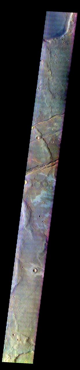 The THEMIS VIS camera contains 5 filters. The data from different filters can be combined in multiple ways to create a false color image. These false color images may reveal subtle variations of the surface not easily identified in a single band image. Today's false color image shows part of Sirenum Fossae. The linear depressions in this VIS image are tectonic graben. Graben are formed by extension of the crust and faulting. When large amounts of pressure or tension are applied to rocks on timescales that are fast enough that the rock cannot respond by deforming, the rock breaks along faults. In the case of a graben, two parallel faults are formed by extension of the crust and the rock in between the faults drops downward into the space created by the extension. Several graben are visible in this THEMIS VIS image, trending from north-northeast to south-southwest. Because the faults defining the graben are formed perpendicular to the direction of the applied stress, we know that extensional forces were pulling the crust apart in the west-northwest/east-southeast direction. The Sirenum Fossae graben are 2735km (1700 miles) long.  The THEMIS VIS camera is capable of capturing color images of the Martian surface using five different color filters. In this mode of operation, the spatial resolution and coverage of the image must be reduced to accommodate the additional data volume produced from using multiple filters. To make a color image, three of the five filter images (each in grayscale) are selected. Each is contrast enhanced and then converted to a red, green, or blue intensity image. These three images are then combined to produce a full color, single image. Because the THEMIS color filters don't span the full range of colors seen by the human eye, a color THEMIS image does not represent true color. Also, because each single-filter image is contrast enhanced before inclusion in the three-color image, the apparent color variation of the scene is exaggerated. Nevertheless, the color variation that does appear is representative of some change in color, however subtle, in the actual scene. Note that the long edges of THEMIS color images typically contain color artifacts that do not represent surface variation.  Orbit Number: 92540 Latitude: -32.6048 Longitude: 205.563 Instrument: VIS Captured: 2022-10-25 00:23  https://photojournal.jpl.nasa.gov/catalog/PIA26122