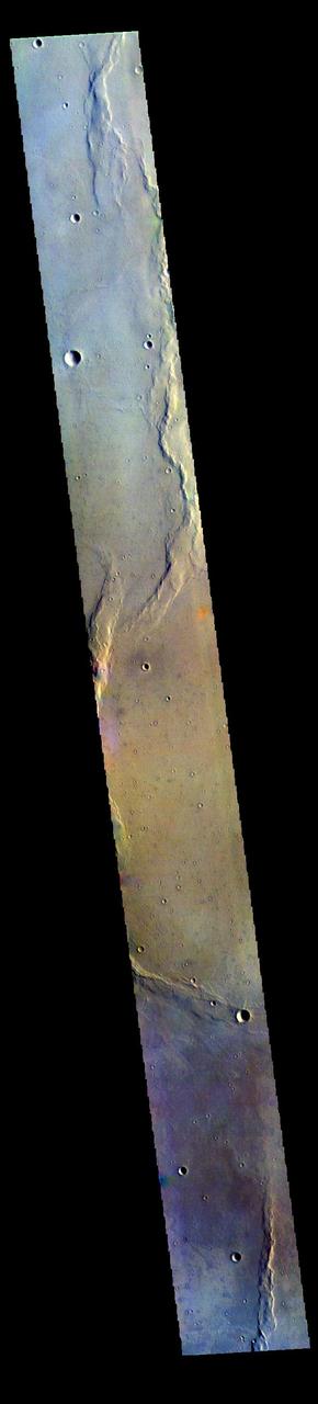 The THEMIS VIS camera contains 5 filters. The data from different filters can be combined in multiple ways to create a false color image. These false color images may reveal subtle variations of the surface not easily identified in a single band image. Today's false color image shows part of Lunae Planum.  The THEMIS VIS camera is capable of capturing color images of the Martian surface using five different color filters. In this mode of operation, the spatial resolution and coverage of the image must be reduced to accommodate the additional data volume produced from using multiple filters. To make a color image, three of the five filter images (each in grayscale) are selected. Each is contrast enhanced and then converted to a red, green, or blue intensity image. These three images are then combined to produce a full color, single image. Because the THEMIS color filters don't span the full range of colors seen by the human eye, a color THEMIS image does not represent true color. Also, because each single-filter image is contrast enhanced before inclusion in the three-color image, the apparent color variation of the scene is exaggerated. Nevertheless, the color variation that does appear is representative of some change in color, however subtle, in the actual scene. Note that the long edges of THEMIS color images typically contain color artifacts that do not represent surface variation.  Orbit Number: 95001 Latitude: 18.596 Longitude: 295.651 Instrument: VIS Captured: 2023-05-15 16:32  https://photojournal.jpl.nasa.gov/catalog/PIA26137