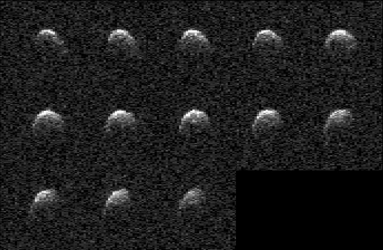 This collage represents a selection of planetary radar observations of asteroid 2008 OS7 that were made the day before its close approach with our planet on Feb. 2, 2024. The stadium-size near-Earth object passed at a distance of about 1.8 million miles (2.9 million kilometers, or 7 ½ times the distance between Earth and the Moon). Scientists at NASA's Jet Propulsion Laboratory used the powerful 230-foot (70-meter) Goldstone Solar System Radar antenna at the Deep Space Network's facility near Barstow, California, to capture these images. The observations will help scientists better understand the asteroid's size, rotation, shape, and surface details. Until this close approach, very little was known about 2008 OS7 as it has been too distant for planetary radar to image it. The asteroid was discovered on July 30, 2008, during routine search operations for NEOs by the NASA-funded Catalina Sky Survey, which is headquartered at the University of Arizona in Tucson. Observations revealed that the asteroid is comparatively slow rotating, completing one rotation every 29 ½ hours. The rotational period of 2008 OS7 was determined Petr Pravec, at the Astronomical Institute of the Czech Academy of Sciences in Ondřejov, Czech Republic, who observed the asteroid's light curve – or how the brightness of the object changes over time. As the asteroid spins, variations on its shape can change the brightness of reflected light astronomers can see, and those changes can be recorded to understand the period of the asteroid's rotation. The Goldstone observations confirm the asteroid's uncommonly slow rotation. https://photojournal.jpl.nasa.gov/catalog/PIA26149