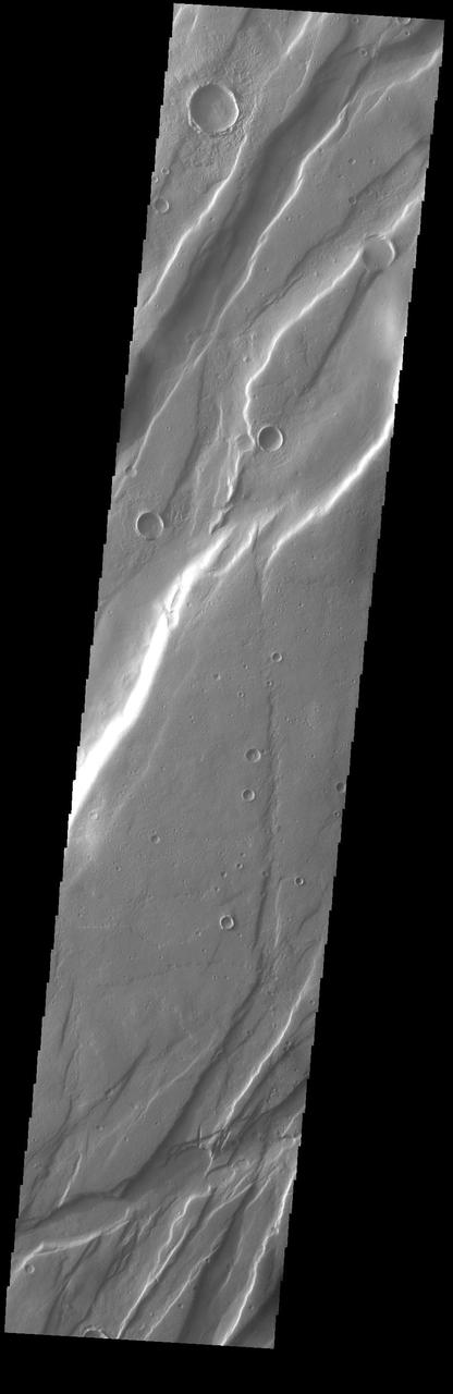 Today's VIS image is shows a small portion of Tempe Fossae. The linear features are tectonic graben. Graben are formed by extension of the crust and faulting. When large amounts of pressure or tension are applied to rocks on timescales that are fast enough that the rock cannot respond by deforming, the rock breaks along faults. In the case of a graben, two parallel faults are formed by extension of the crust and the rock in between the faults drops downward into the space created by the extension. Numerous sets of graben are visible in this THEMIS image, trending from north-northeast to south-southwest. Because the faults defining the graben are formed perpendicular to the direction of the applied stress, we know that extensional forces were pulling the crust apart in the west-northwest/east-southeast direction. The complete fossae system is almost 2000 km (1242 miles) long. Orbit Number: 94733 Latitude: 38.0943 Longitude: 280.561 Instrument: VIS Captured: 2023-04-23 15:38 https://photojournal.jpl.nasa.gov/catalog/PIA26154