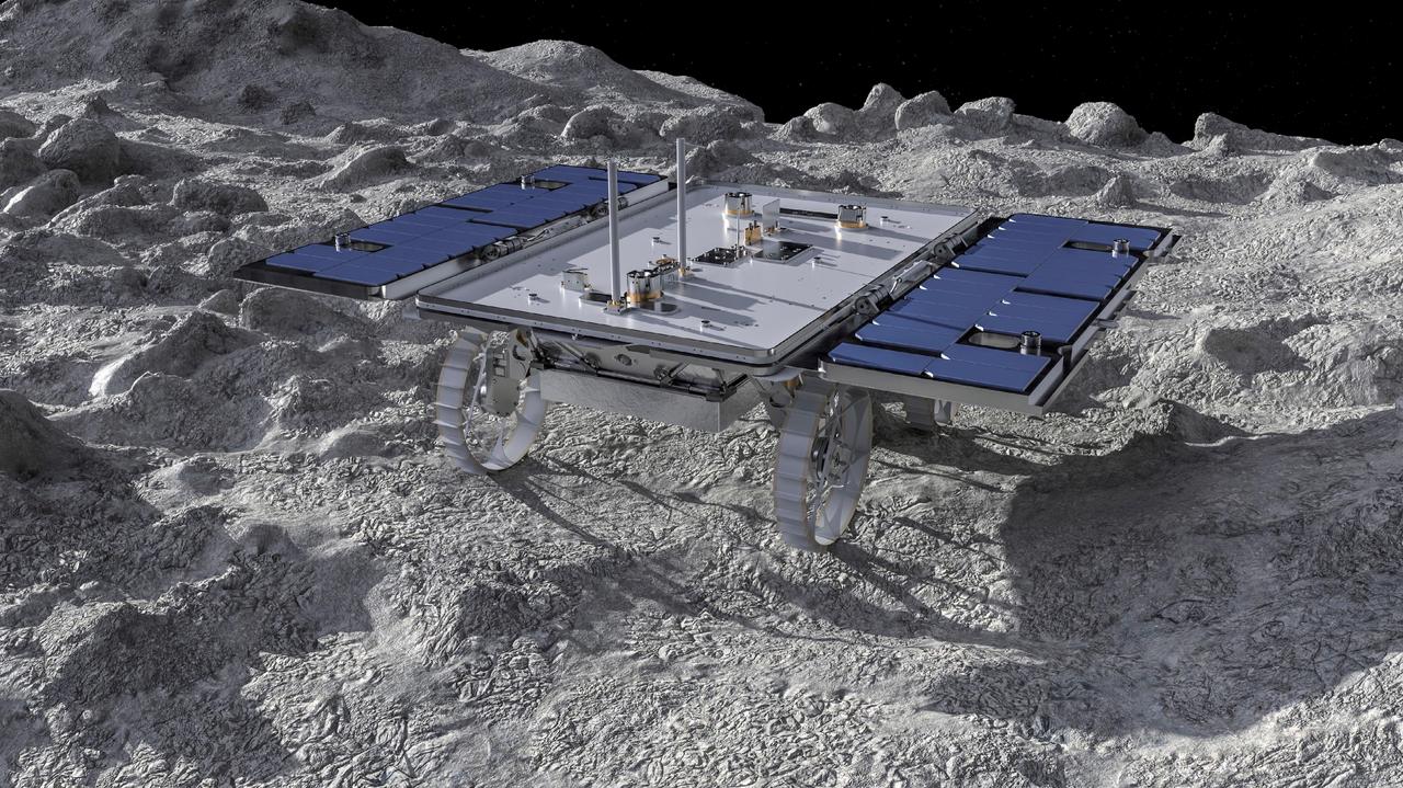 This artist's concept depicts a small rover – part of NASA's CADRE (Cooperative Autonomous Distributed Robotic Exploration) technology demonstration headed for the Moon – on the lunar surface. Motiv Space Systems in Pasadena, California, created the rendering and is collaborating with NASA's Jet Propulsion Laboratory on critical rover and mobility functions.  Slated to arrive aboard a lunar lander in 2024 under NASA's CLPS (Commercial Lunar Payload Services) initiative, CADRE is designed to demonstrate that multiple robots can cooperate and explore together autonomously – without direct input from human mission controllers.  A trio of the miniature solar-powered rovers, each about the size of a carry-on suitcase, will explore the Moon as a team, communicating via radio with each other and a base station aboard a lunar lander. By taking simultaneous measurements from multiple locations, CADRE will also demonstrate how multirobot missions can record data impossible for a single robot to achieve – a tantalizing prospect for future missions.  Motiv contributed subsystems and hardware elements for three of four CADRE systems, including designing and building the mobility system and rover chassis, the base station, the rover deployers, and the motor controller boards. The company also procured and tested the actuators with the flight motor controller boards.  https://photojournal.jpl.nasa.gov/catalog/PIA26161