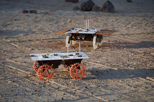 NASA image: CADRE Test Rovers in the Mars Yard