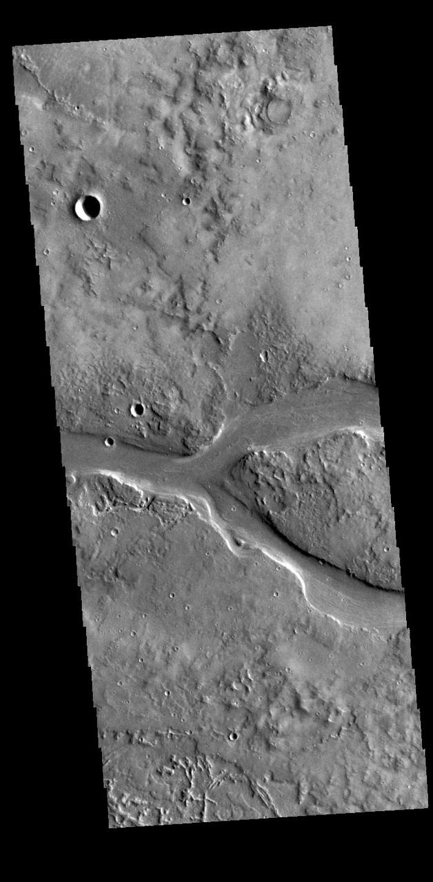 This VIS image shows part of Granicus Valles. Granicus Valles is a complex channel system located west of Elysium Mons. The system is approximately 750km long (466 miles). It is likely that both water and lava played a part in creation of the feature. Orbit Number: 94807 Latitude: 28.4465 Longitude: 130.95 Instrument: VIS Captured: 2023-04-29 17:14 https://photojournal.jpl.nasa.gov/catalog/PIA26174