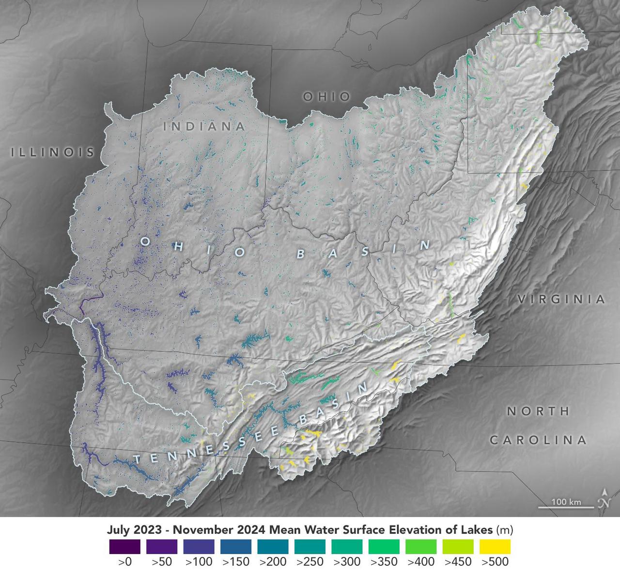 This visualization based on data from the Surface Water and Ocean Topography (SWOT) satellite shows the average water level for lakes and reservoirs in the Ohio River Basin from July 2023 to November 2024. Yellow indicates values greater than 1,600 feet (500 meters) above sea level, and dark purple represents water levels less than 330 feet (100 meters). Comparing how such levels change can help hydrologists measure water availability over time in a local area or across a watershed. Since early 2023, SWOT has been measuring the height of nearly all water on Earth's surface – including oceans, lakes, reservoirs, and rivers – covering nearly the entire globe at least once every 21 days. The satellite also measures the horizontal extent of water in freshwater bodies. Earlier this year, the SWOT mission started making validated data (processed measurements that have been checked for accuracy) publicly available. https://photojournal.jpl.nasa.gov/catalog/PIA26188