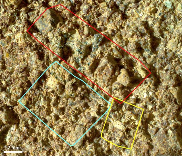 Before collecting a rock sample at a spot nicknamed "Otis Peak," NASA's Perseverance Mars rover employed an abrasion tool to wear down the rock surface and then used the Planetary Instrument for X-ray Lithochemistry, or PIXL, to study the rock's internal chemistry. This image of the abrasion patch, dubbed "Ouzel Falls," was taken in May 2023 by WATSON (Wide Angle Topographic Sensor for Operations and eNgineering), a camera that is part of an instrument called Scanning Habitable Environments with Raman & Luminescence for Organics & Chemicals, or SHERLOC, on the end of the rover's robotic arm. Data from PIXL is laid over the image. Colored squares show different areas where PIXL's X-ray beam scanned the rock's surface. The instrument's data found the rock was rich in phosphate, a material found in the DNA and cell membranes of all known life, and which also serves as a way to store and transfer energy within living things. The Ouzel Falls scan areas contain a rich diversity of other mineral grains, including igneous minerals transported as sand and pebbles, such as olivine and spinel, and minerals crystallized from water, such as carbonates, clays, and sulfates. Each of these record unique aspects of the magmatic, climatic, and paleoenvironmental history of the ancient lake within Jezero Crater and the surrounding region. This diversity will make the Otis Peak sample a treasure trove for scientists on Earth who may study it in the future. A key objective for Perseverance's mission on Mars is astrobiology, including the search for signs of ancient microbial life. The rover will characterize the planet's geology and past climate, pave the way for human exploration of the Red Planet, and be the first mission to collect and cache Martian rock and regolith (broken rock and dust). Subsequent NASA missions, in cooperation with ESA (European Space Agency), would send spacecraft to Mars to collect these sealed samples from the surface and return them to Earth for in-depth analysis. The Mars 2020 Perseverance mission is part of NASA's Moon to Mars exploration approach, which includes Artemis missions to the Moon that will help prepare for human exploration of the Red Planet. https://photojournal.jpl.nasa.gov/catalog/PIA26206