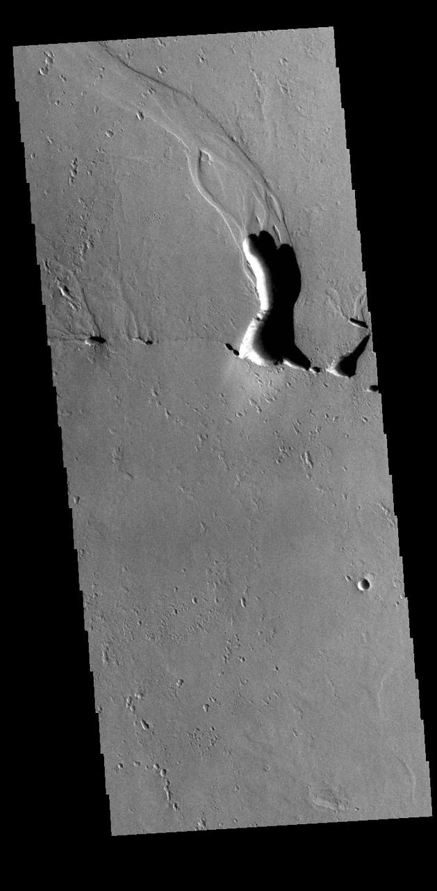 This unusual channel feature is located south of Tooting Crater near Lycus Sulci. It most likely formed by the release of melted sub-surface ice. The impact crater event may have caused the heating, or volcanic activity from Olympus Mons. Orbit Number: 95004 Latitude: 21.9884 Longitude: 208.652 Instrument: VIS Captured: 2023-05-15 22:29 https://photojournal.jpl.nasa.gov/catalog/PIA26230