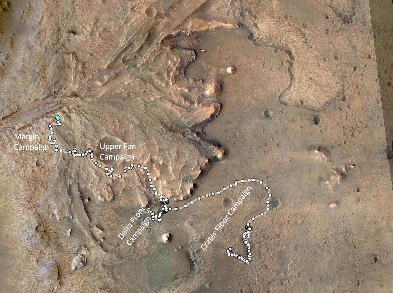 The path taken by NASA's Perseverance Mars rover during the first 1,000 sols (Martian days) of its mission at Jezero Crater is annotated on this overhead view taken by the HiRISE camera aboard the agency's Mars Reconnaissance Orbiter. White circles signify locations on the surface where the rover stopped after completing a traverse. The pale blue circle at upper left indicates the rover's position as of Dec. 12, 2023. The white text indicates the areas of the four rover science campaigns, from initial campaign to current: Crater Floor, Delta Front, Upper Fan, and Margin.  Figure A, showing the same general area, is annotated to indicate the route and the two locations where the rover used its PIXL instrument to analyze abrasion patches "Ouzel Falls" and "Bills Bay" and its drill to core corresponding rock samples, "Otis Peak" and "Lefroy Bay."  The University of Arizona, in Tucson, operates HiRISE, which was built by Ball Aerospace & Technologies Corp., in Boulder, Colorado. JPL manages the Mars Reconnaissance Orbiter Project for NASA's Science Mission Directorate, Washington.  A key objective for Perseverance's mission on Mars is astrobiology, including the search for signs of ancient microbial life. The rover will characterize the planet's geology and past climate, pave the way for human exploration of the Red Planet, and be the first mission to collect and cache Martian rock and regolith (broken rock and dust).  Subsequent NASA missions, in cooperation with ESA (European Space Agency), would send spacecraft to Mars to collect these sealed samples from the surface and return them to Earth for in-depth analysis.  The Mars 2020 Perseverance mission is part of NASA's Moon to Mars exploration approach, which includes Artemis missions to the Moon that will help prepare for human exploration of the Red Planet.  https://photojournal.jpl.nasa.gov/catalog/PIA26231
