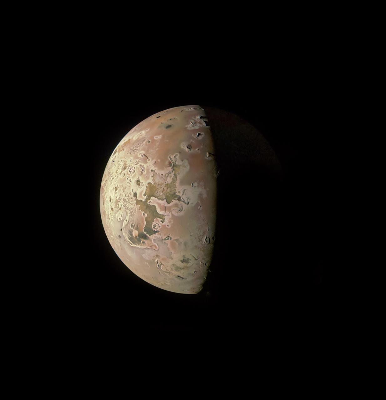 This image revealing the north polar region of the Jovian moon Io was taken on October 15, 2023, by the JunoCam imager aboard NASA's Juno spacecraft. Since the high latitudes were not well covered in imagery gathered by NASA's Voyager and Galileo missions, three of the peaks captured here were observed for the first time. Those mountains are seen at the upper part of the image, near the terminator (the line dividing day and night).  At the time the image was taken, the Juno spacecraft was about 7,270 miles (11,700 kilometers) above Io's surface.  Citizen scientist Ted Stryk made this image using raw data from the JunoCam instrument, processing the data to enhance details.  https://photojournal.jpl.nasa.gov/catalog/PIA26234