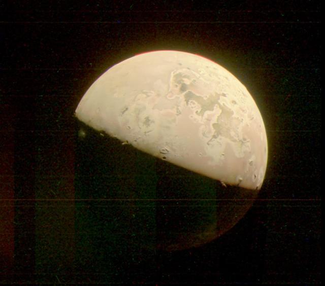 This image of Jupiter's moon Io was taken by the JunoCam visible-light imager as NASA's Juno spacecraft flew past the Jovian moon on October 15, 2023. A plume over the location of the volcano Prometheus can be seen just standing out from the darkness on the left side of the image, just below the terminator (the line dividing day and night).   https://photojournal.jpl.nasa.gov/catalog/PIA26235