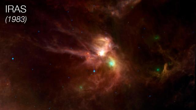 This image of the star-forming region Rho Ophiuchi was taken in 1983 by the Infrared Astronomical Satellite (IRAS), the first infrared telescope ever launched into Earth orbit. Infrared light refers to wavelengths slightly longer than what human eyes can see. Most infrared wavelengths are blocked by Earth's atmosphere, so infrared space telescopes are essential for observing the full breadth of infrared light from cosmic sources. Rho Ophiuchi's thick clouds of gas and dust block visible light, but IRAS' infrared vision made it the first observatory to be able to pierce those layers to reveal newborn stars nestled deep inside. https://photojournal.jpl.nasa.gov/catalog/PIA26271