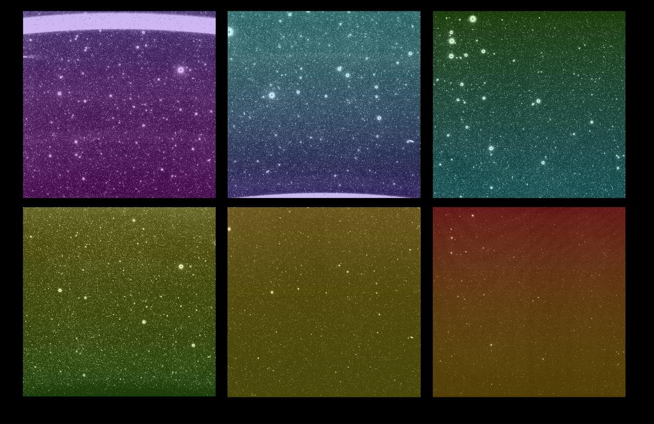 Some of the first images from NASA's SPHEREx (Spectro-Photometer for the History of the Universe, Epoch of Reionization and Ices Explorer) mission were captured March 27, 2025. Although the new images are uncalibrated and not yet ready to use for science, they give a tantalizing look at SPHEREx's wide view of the sky. Each bright spot is a source of light, like a star or galaxy, and each image is expected to contain more than 100,000 detected sources.  There are six images in every SPHEREx exposure – one for each detector. The top three images show the same area of sky as the bottom three images; this is the observatory's full field of view, a rectangular area about 20 times wider than the full Moon. When the SPHEREx observatory begins routine science operations in April, it will take approximately 600 exposures every day.  SPHEREx detects infrared light, which is invisible to the human eye. To make the images shown here, science team members assigned a visible color to each infrared wavelength captured by the observatory. With each detector capturing 17 unique infrared wavelength bands, there are 102 hues in this image.  To detect so many infrared colors, SPHEREx uses color filters set on top of the detectors. (If the detectors are like SPHEREx's eyes, the filters are like color-tinted glasses). A standard color filter blocks all wavelengths but one, but the SPHEREx filters are more like rainbow-tinted glasses, in that the wavelengths they block change gradually from the top of the filter to the bottom.  The legend at the top shows that the detectors are placed to observe infrared wavelengths from shortest to longest. Certain chemical elements are visible at specific wavelengths, as is the case with helium from Earth's atmosphere, which creates a bright line in the wavelength at the top of the top-left image.  Breaking down color this way can reveal the composition of an object or the distance to a galaxy. With that data, scientists can study topics ranging from the physics that governed the universe less than a second after its birth to the origins of water in our galaxy.  https://photojournal.jpl.nasa.gov/catalog/PIA26280